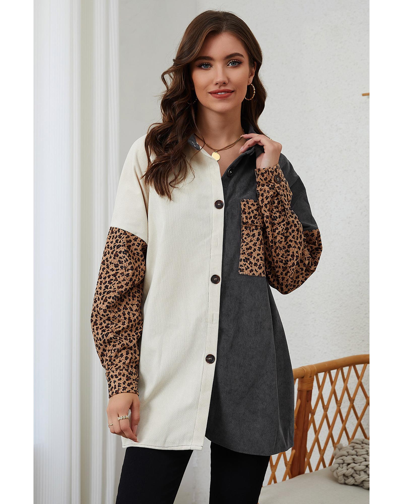 Gray Color Block Leopard Patched Corduroy Shacket - S