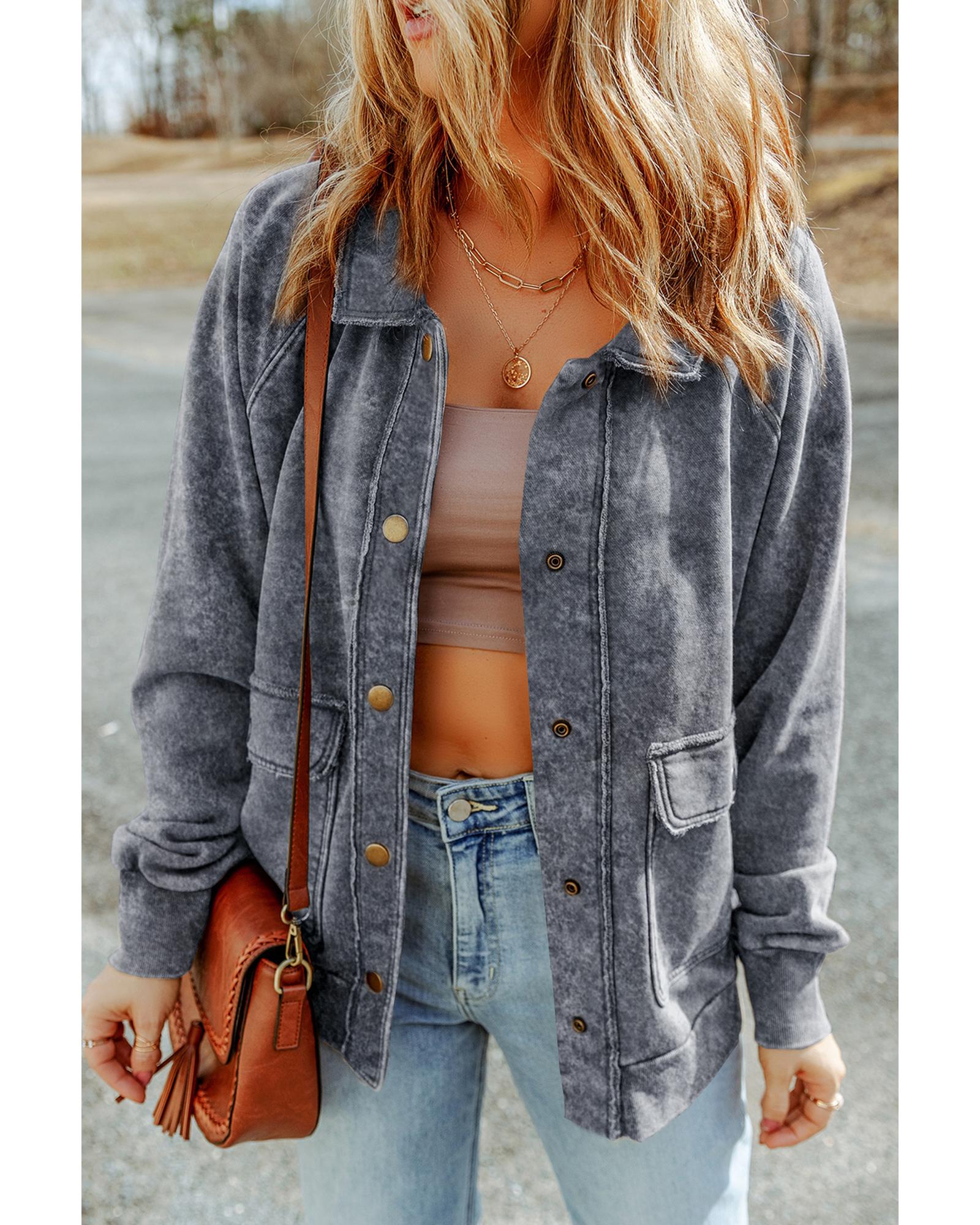 Gray Vintage Washed Flap Pocket Button Shacket - L