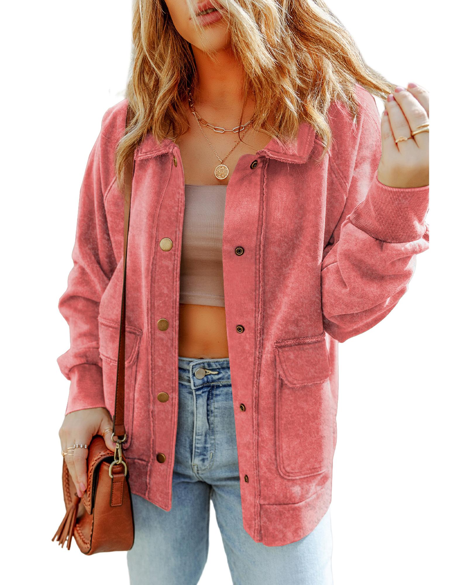 Red Vintage Washed Flap Pocket Button Shacket - M