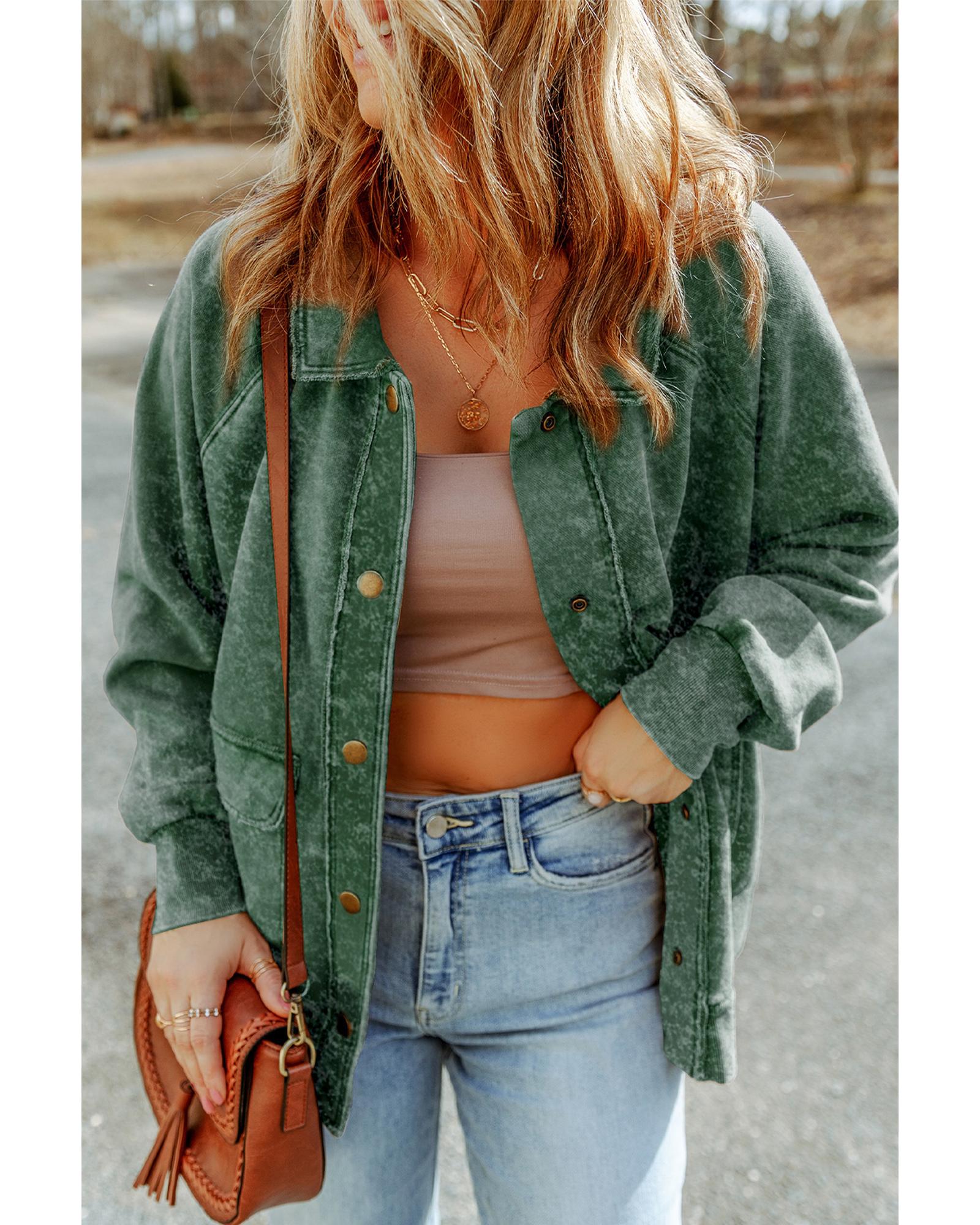 Green Vintage Washed Flap Pocket Button Shacket - XL