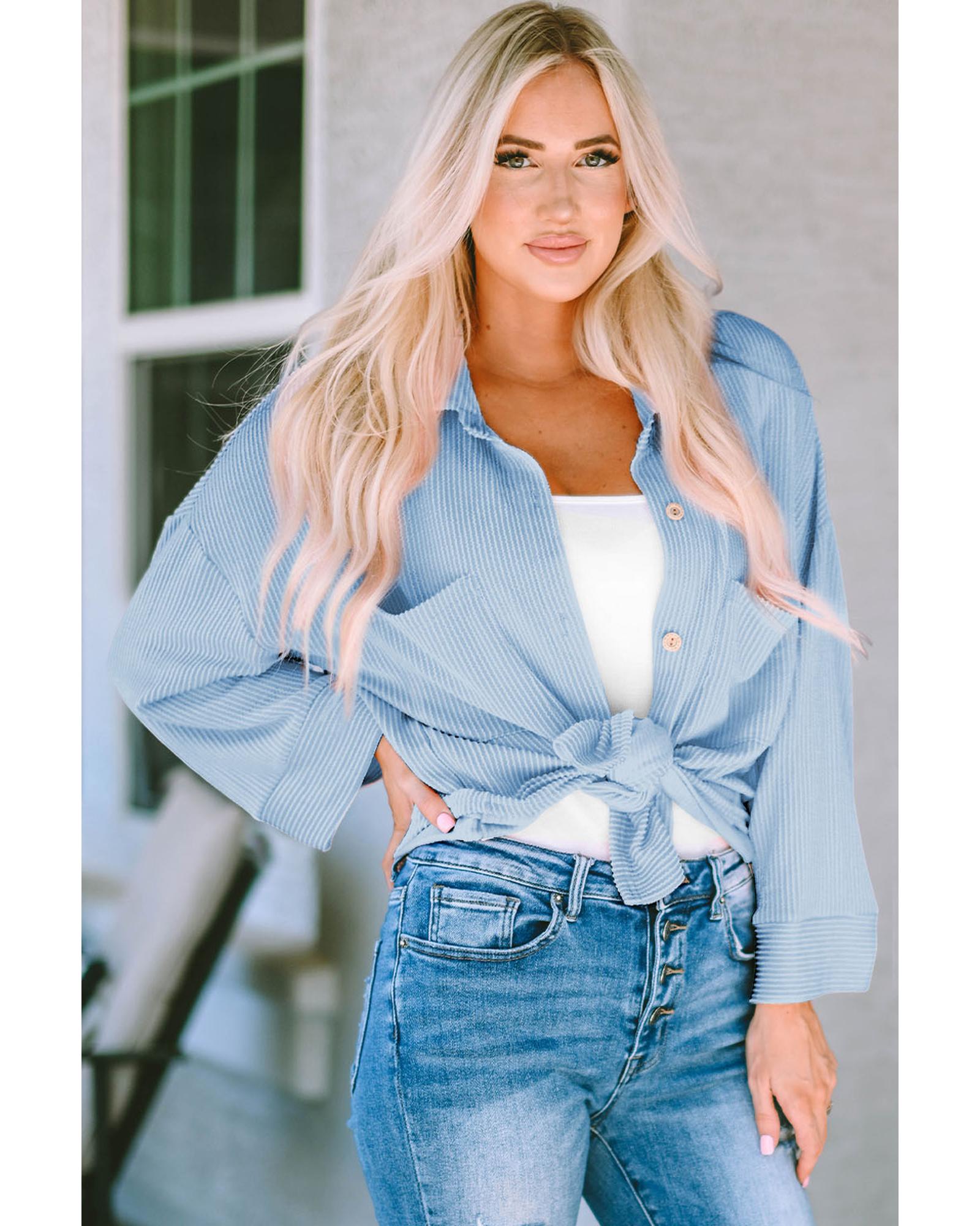 Sky Blue Roll Tab Sleeve Ribbed Cording Shacket - L