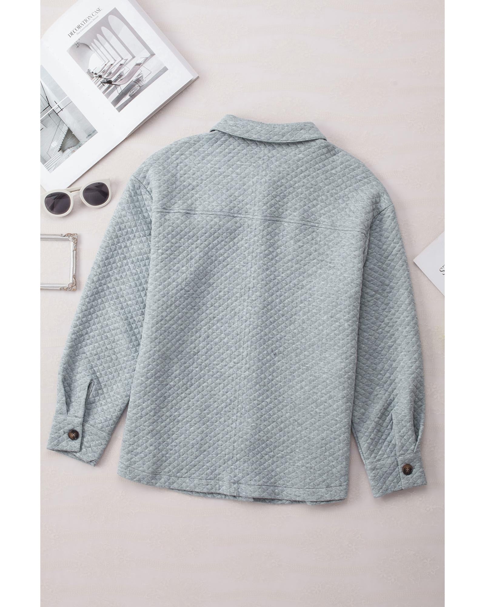 Gray Retro Quilted Flap Pocket Button Shacket - L