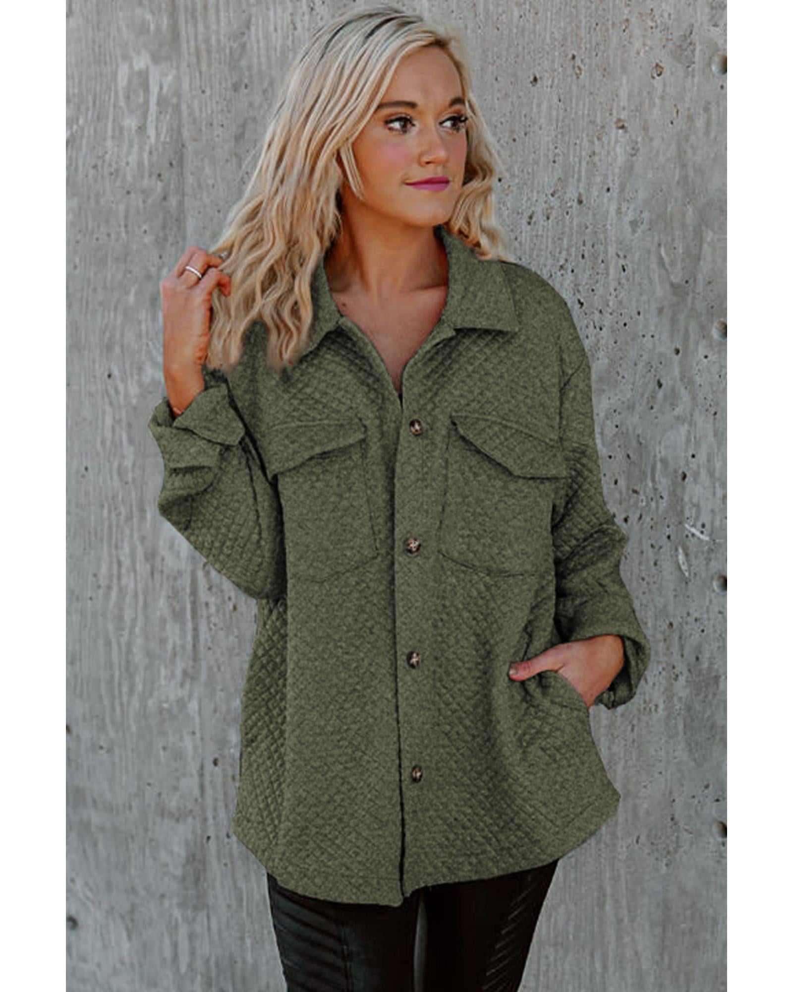 Green Retro Quilted Flap Pocket Button Shacket - XL