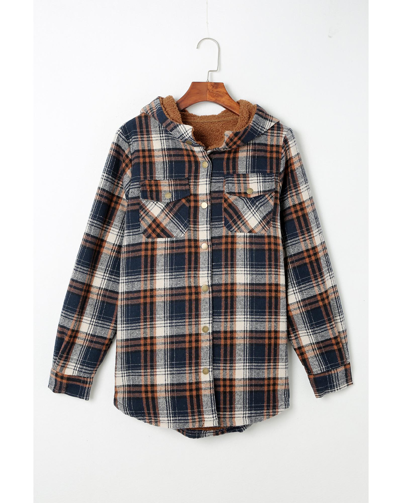 Plaid Pattern Sherpa Lined Hooded Shacket - L