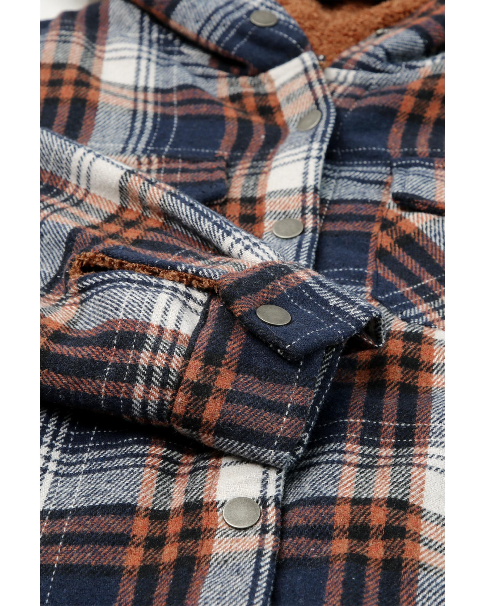 Plaid Pattern Sherpa Lined Hooded Shacket - L