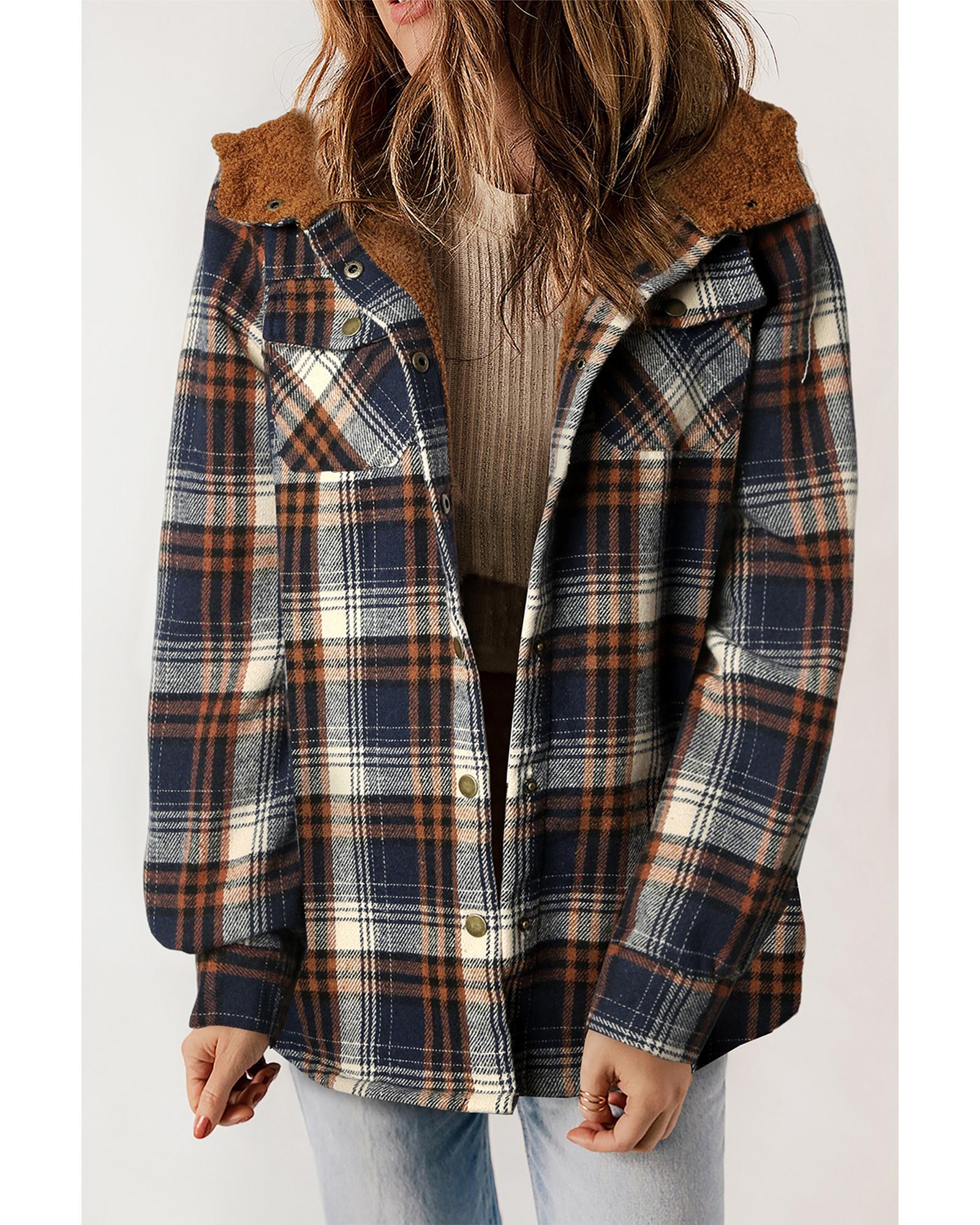 Plaid Pattern Sherpa Lined Hooded Shacket - L