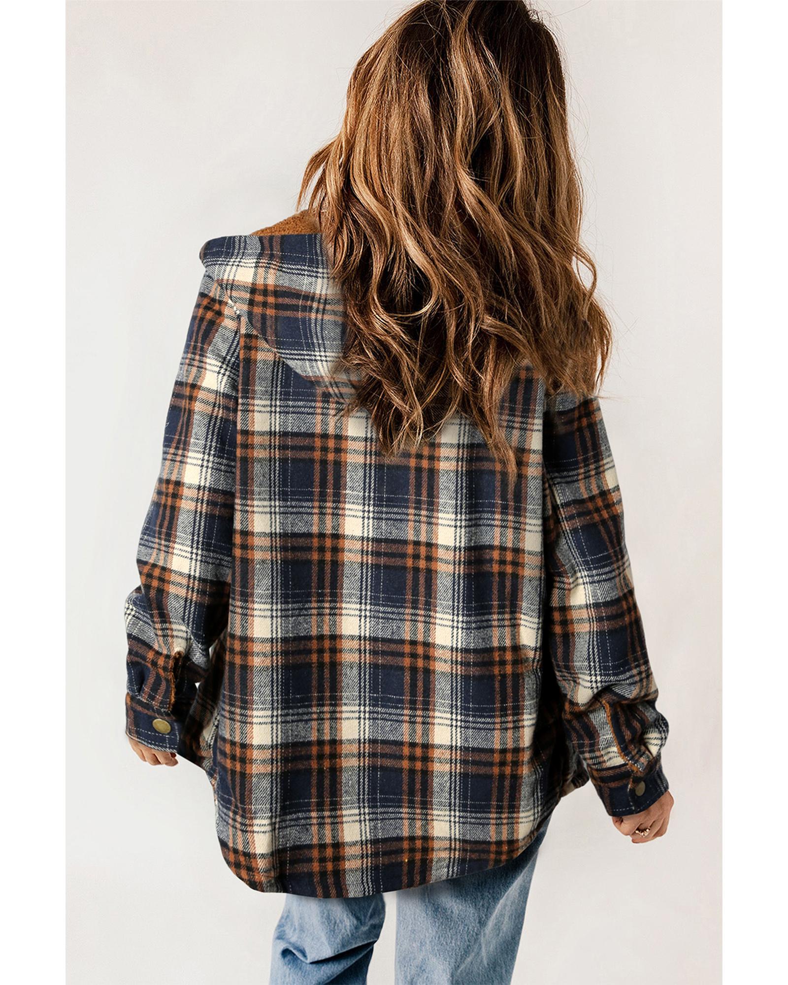 Plaid Pattern Sherpa Lined Hooded Shacket - L