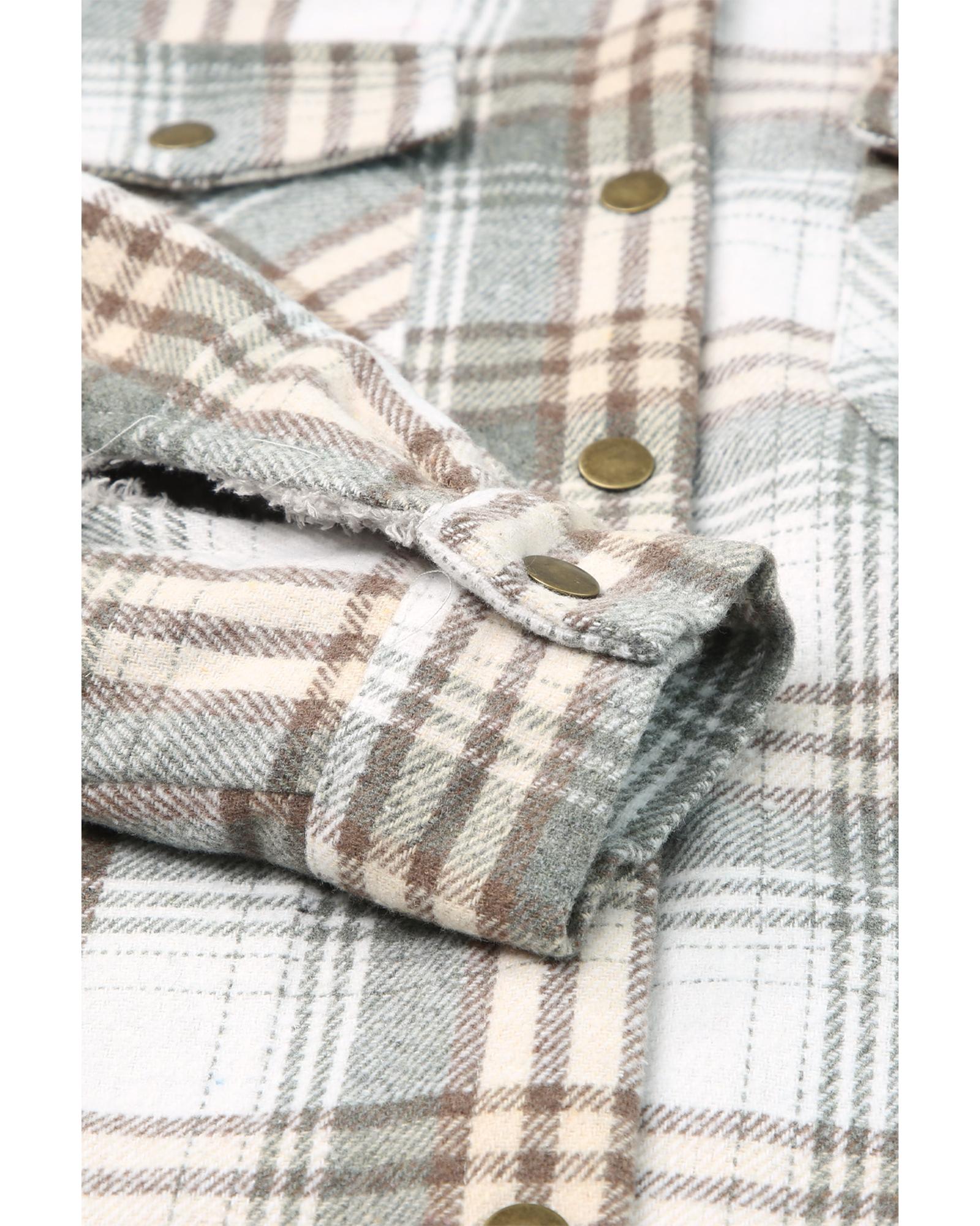 Gray Plaid Pattern Sherpa Lined Hooded Shacket - L