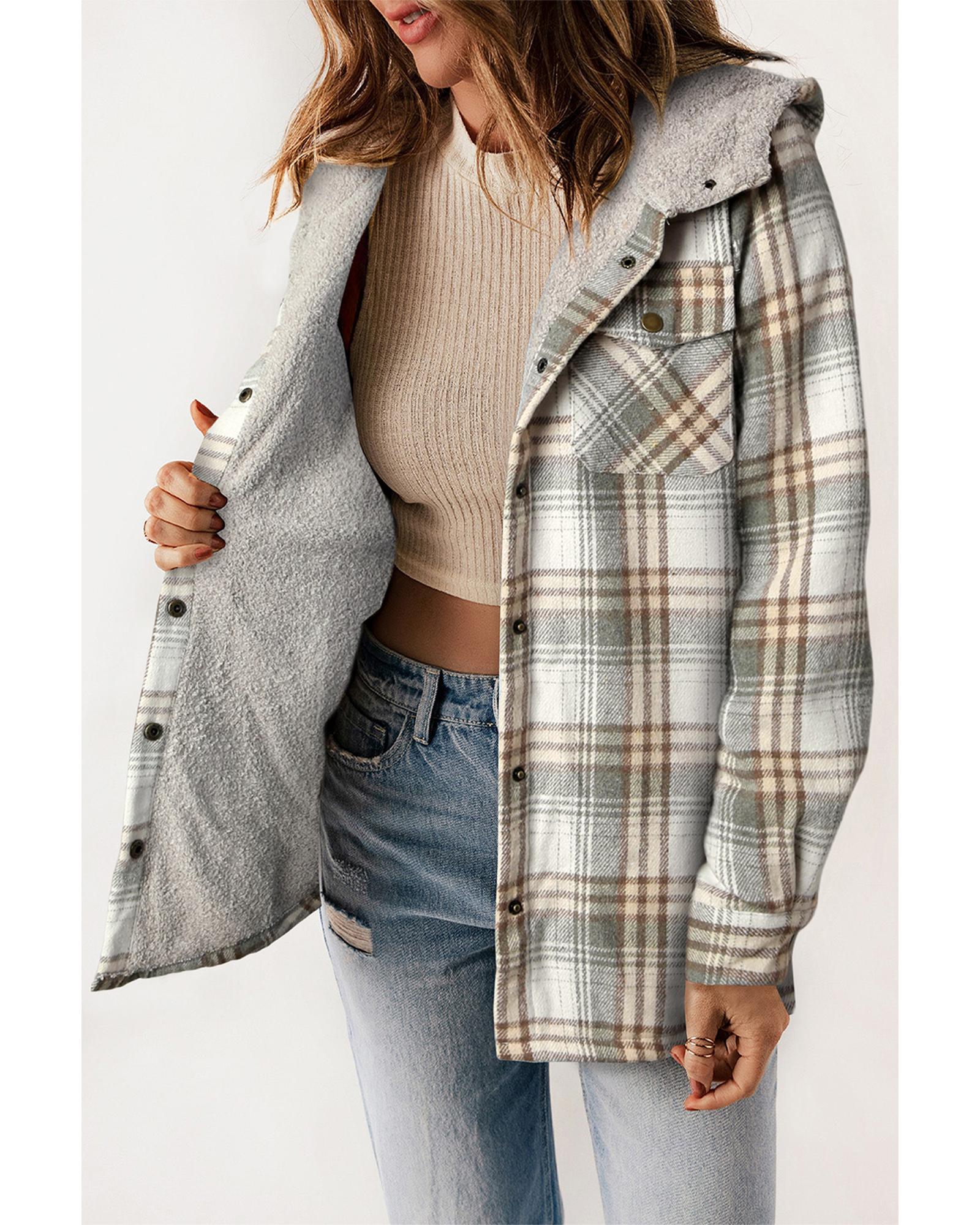 Gray Plaid Pattern Sherpa Lined Hooded Shacket - M