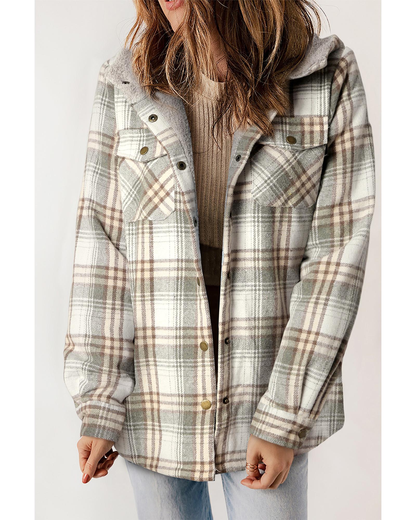 Gray Plaid Pattern Sherpa Lined Hooded Shacket - M