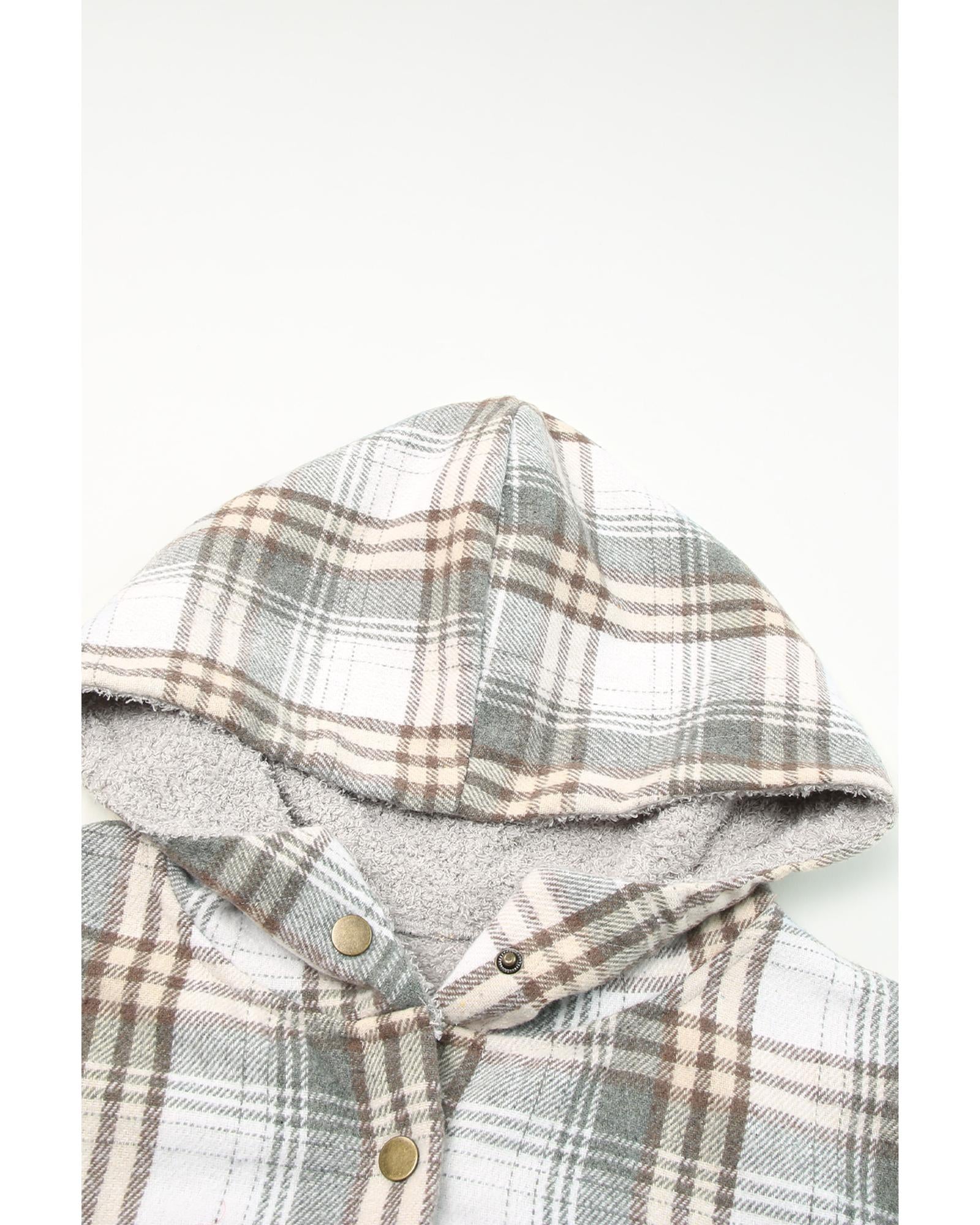 Gray Plaid Pattern Sherpa Lined Hooded Shacket - XL