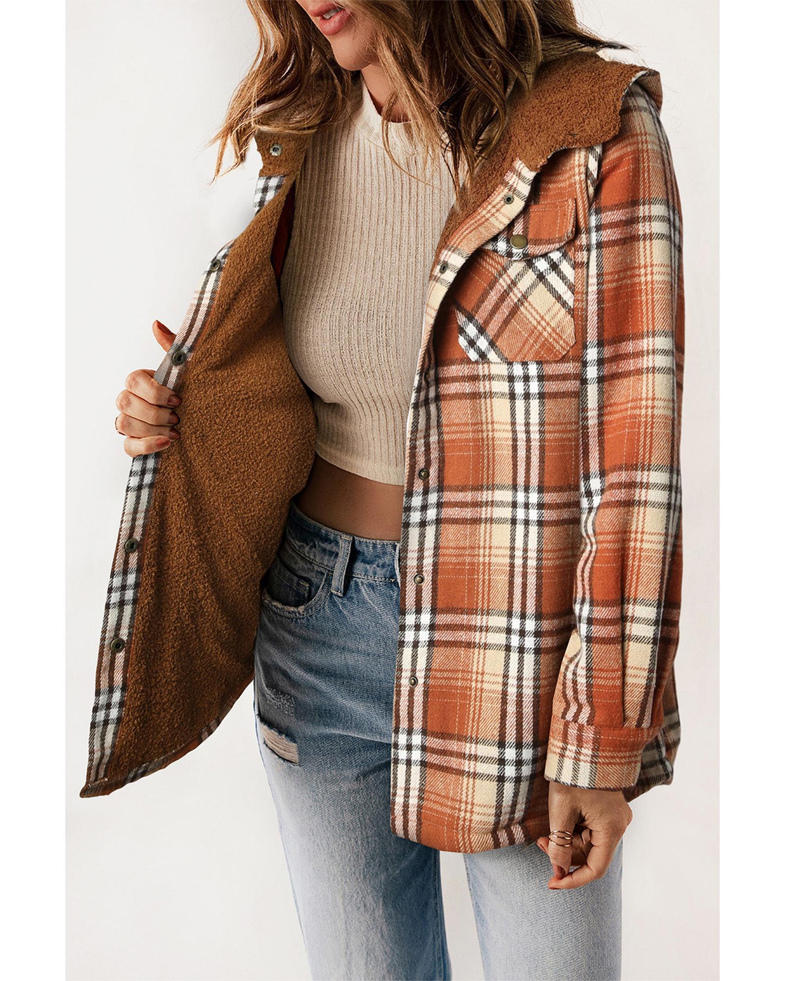 Orange Plaid Pattern Sherpa Lined Hooded Shacket - 2XL