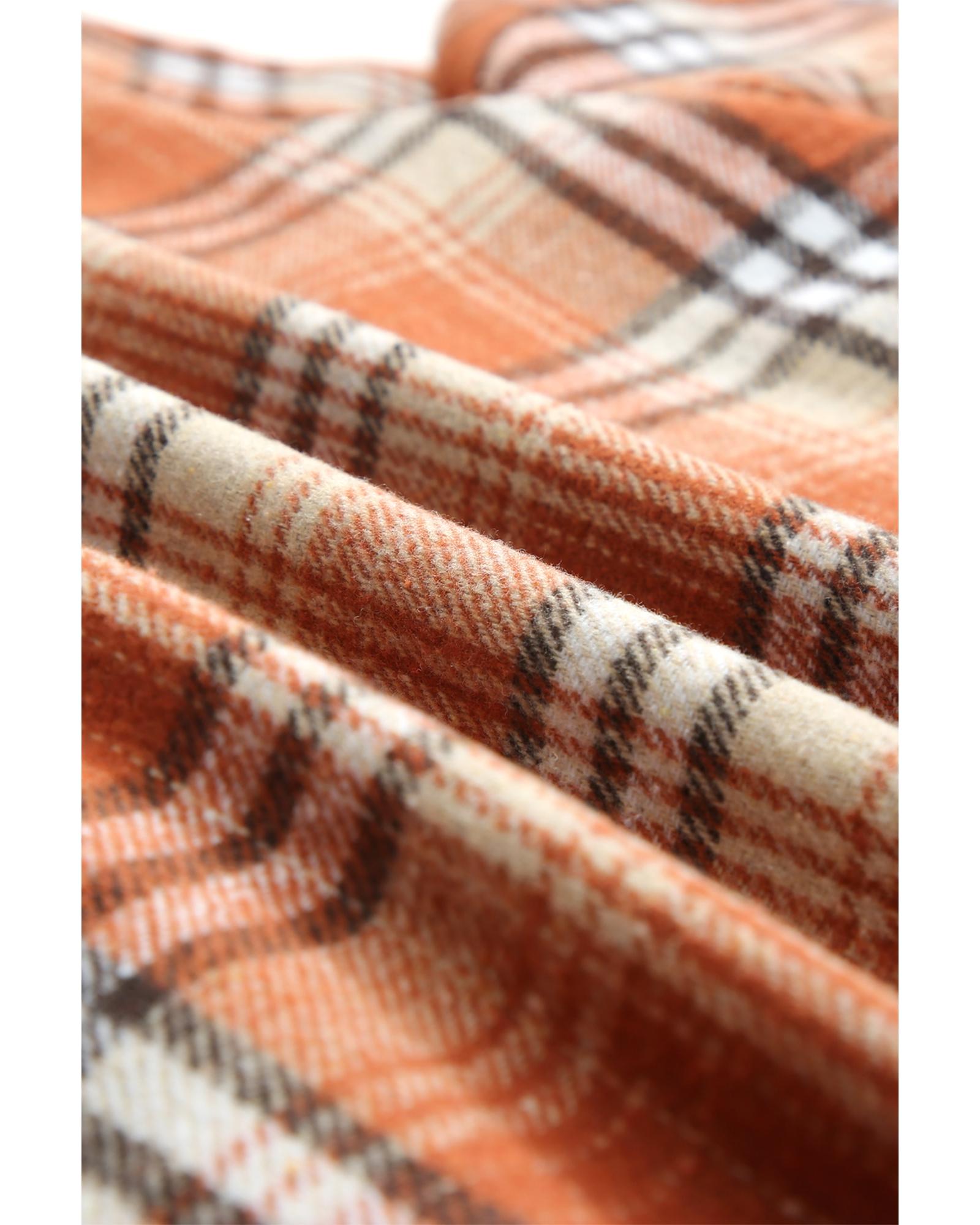 Orange Plaid Pattern Sherpa Lined Hooded Shacket - L