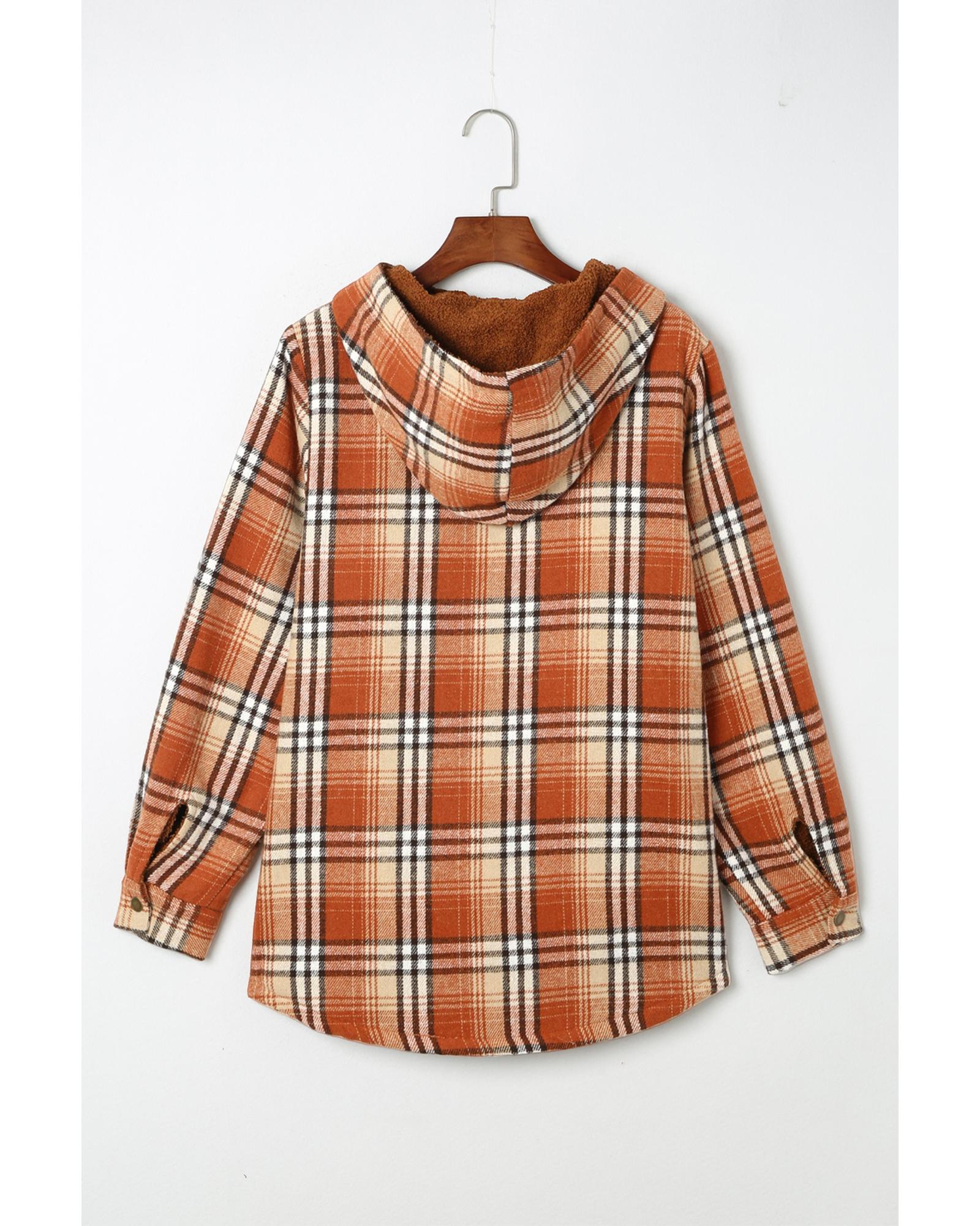 Orange Plaid Pattern Sherpa Lined Hooded Shacket - L