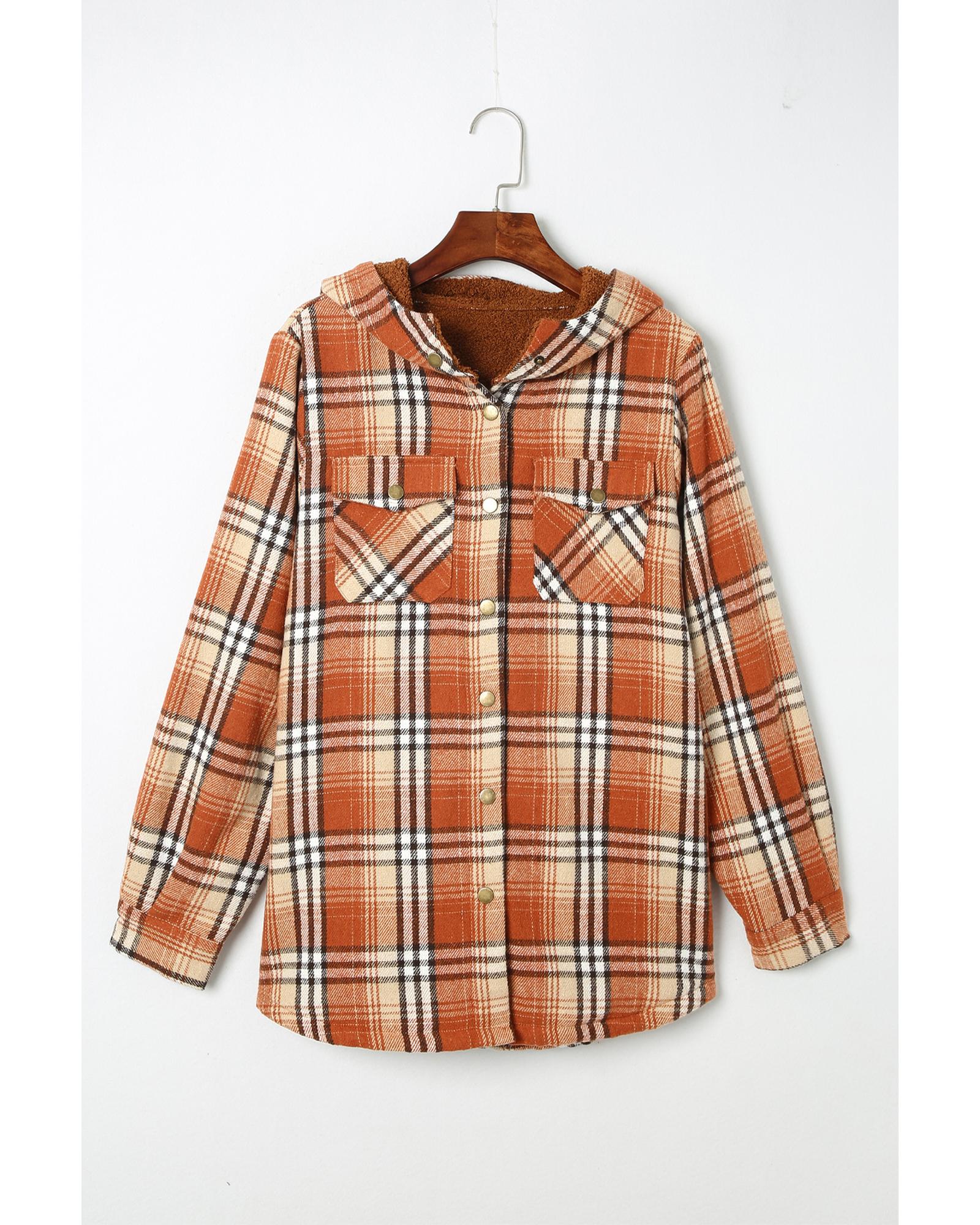 Orange Plaid Pattern Sherpa Lined Hooded Shacket - L