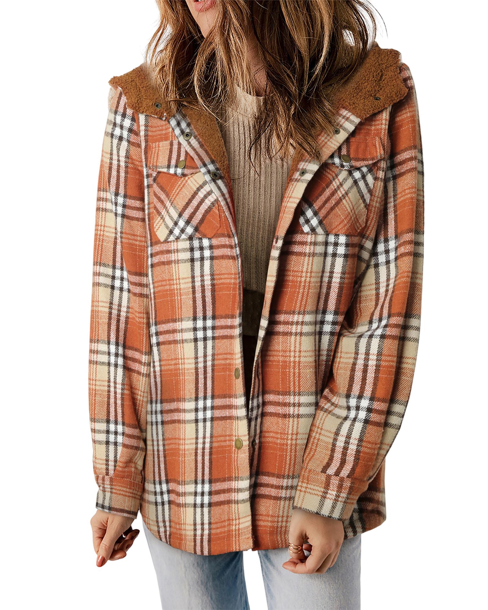 Orange Plaid Pattern Sherpa Lined Hooded Shacket - S