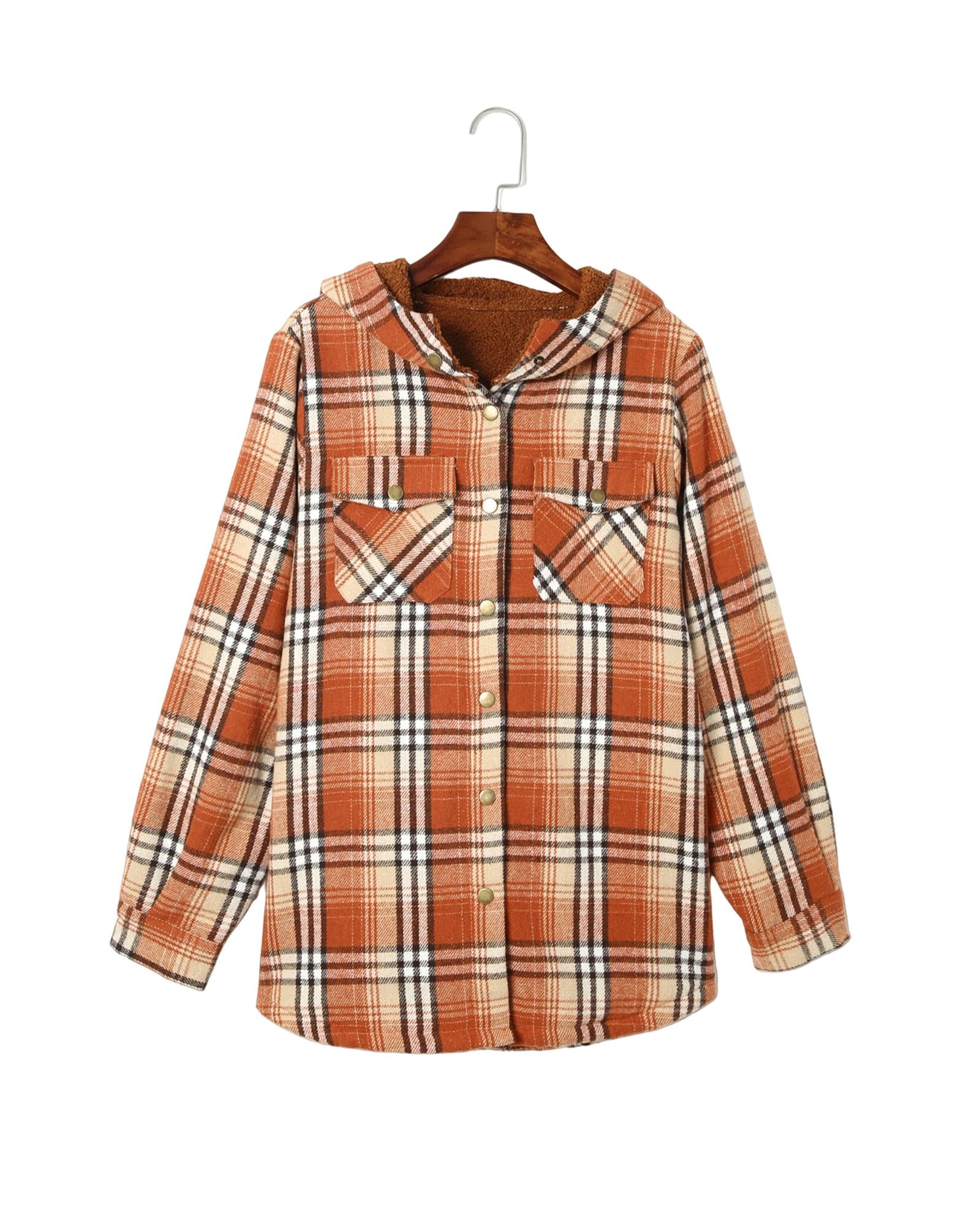 Orange Plaid Pattern Sherpa Lined Hooded Shacket - XL