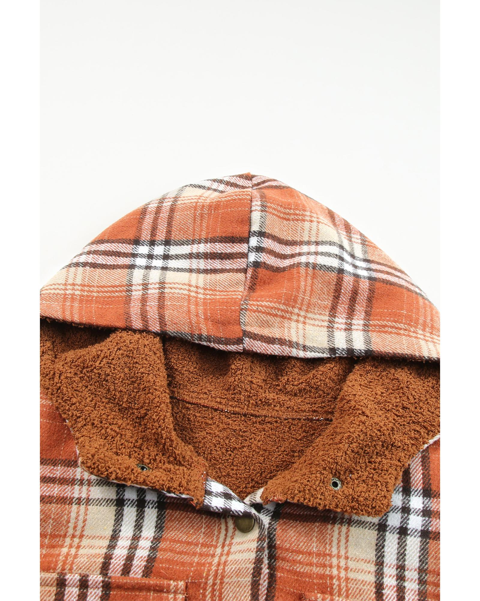 Orange Plaid Pattern Sherpa Lined Hooded Shacket - XL
