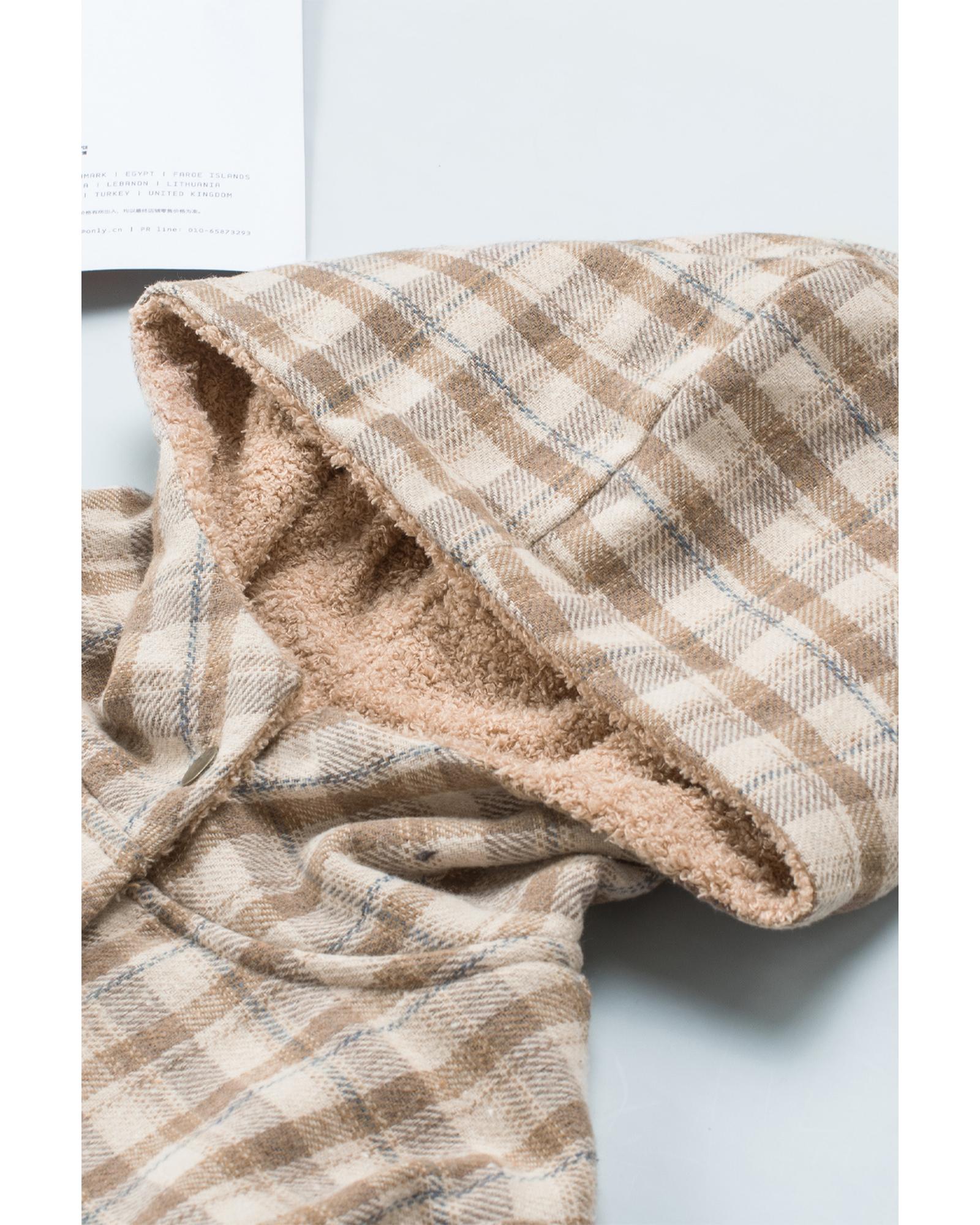 Khaki Plaid Pattern Sherpa Lined Hooded Shacket - 2XL