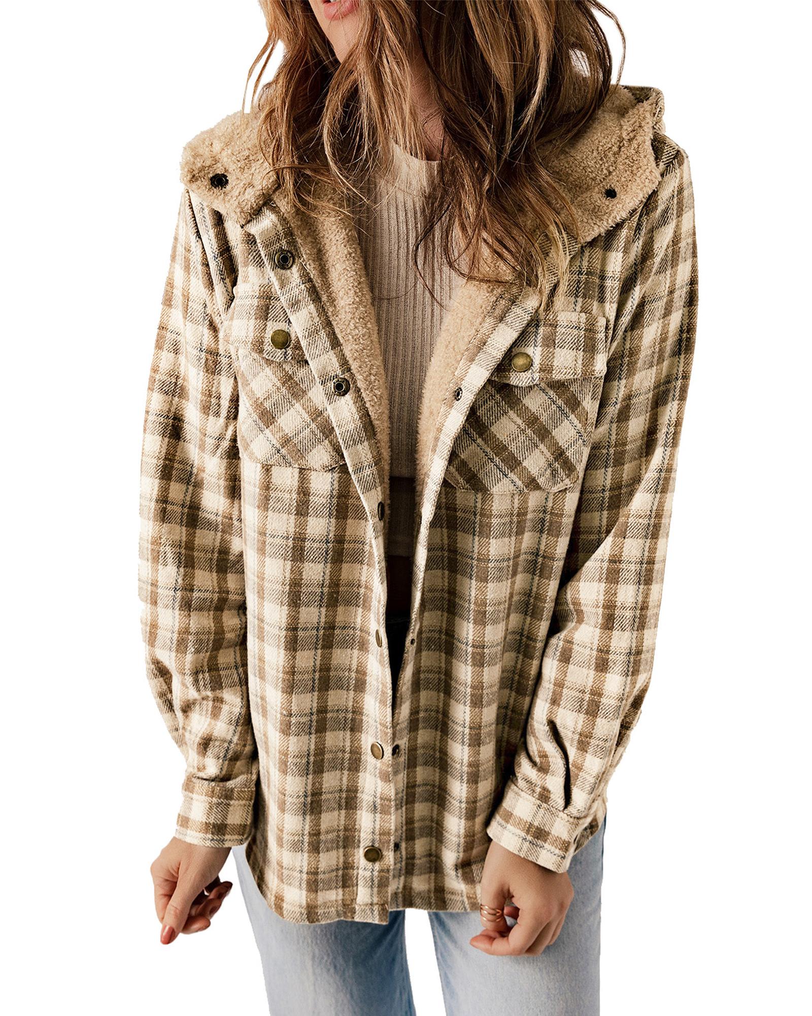 Khaki Plaid Pattern Sherpa Lined Hooded Shacket - 2XL