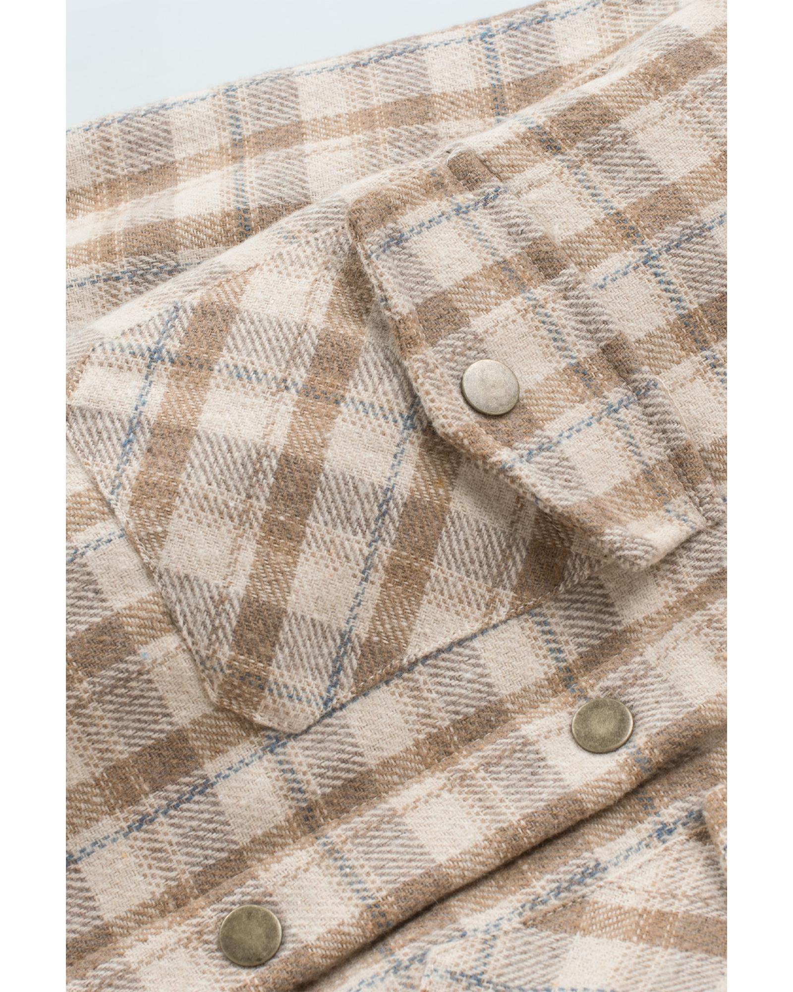 Khaki Plaid Pattern Sherpa Lined Hooded Shacket - L