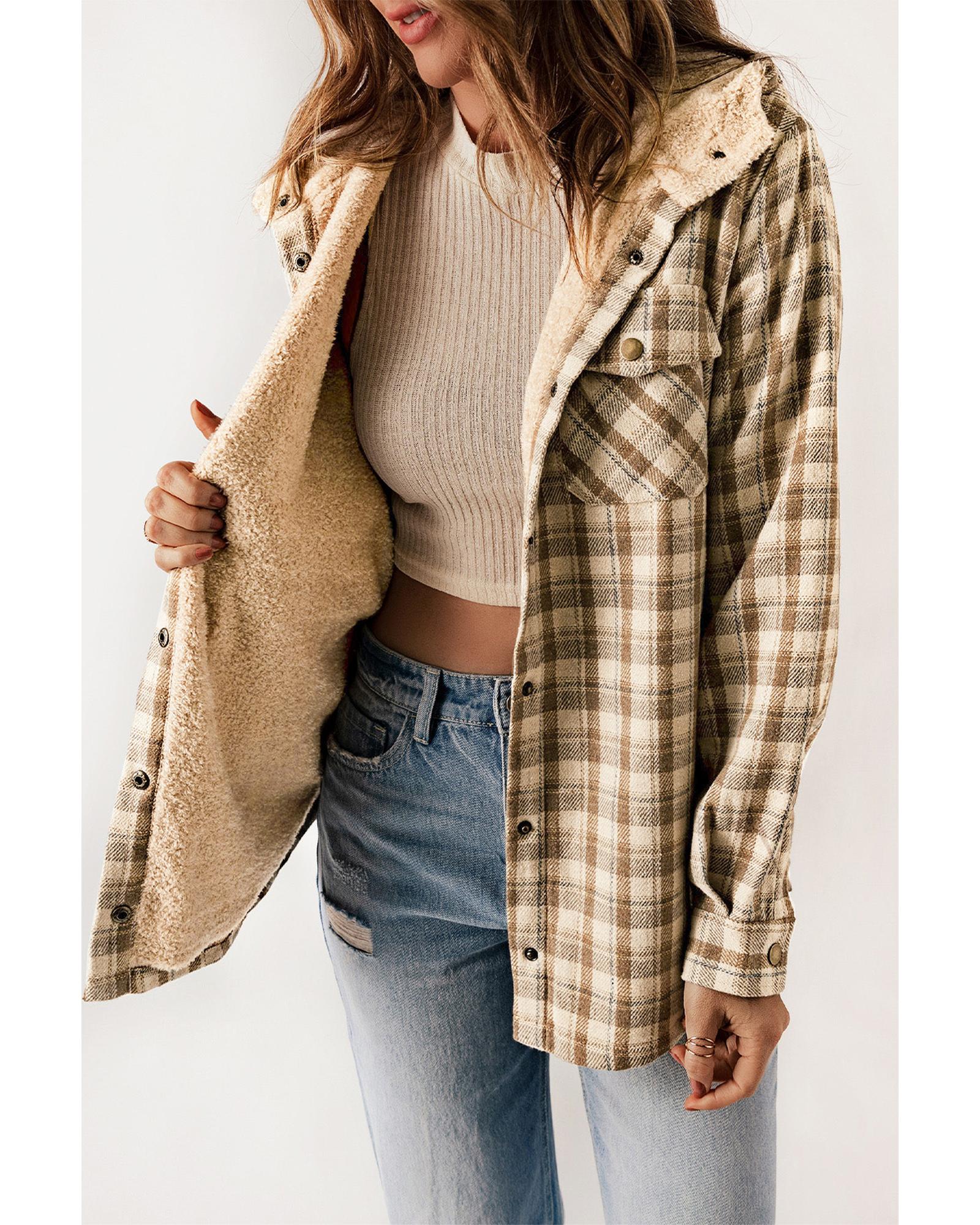 Khaki Plaid Pattern Sherpa Lined Hooded Shacket - M