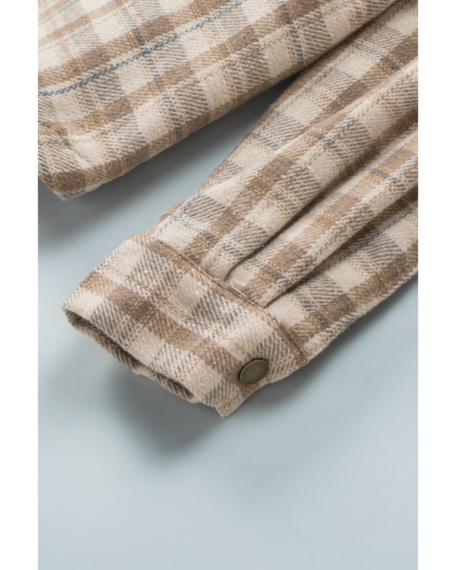 Khaki Plaid Pattern Sherpa Lined Hooded Shacket - M