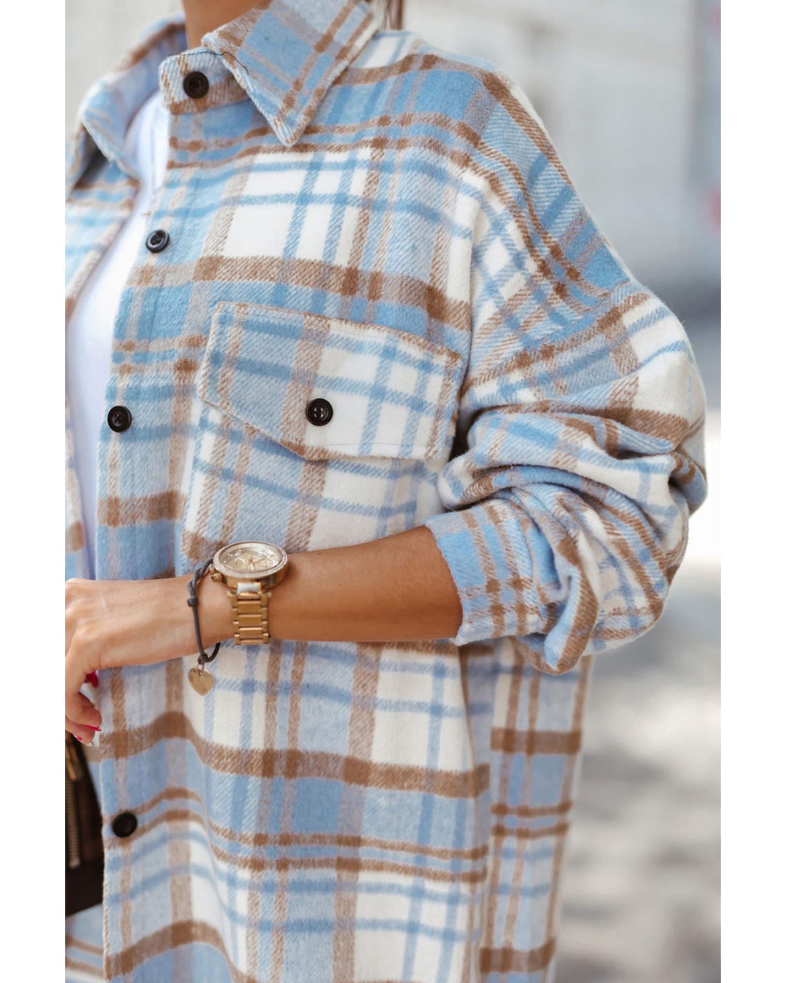Sky Blue Plaid Flap Pocket Long Sleeve Shacket - S