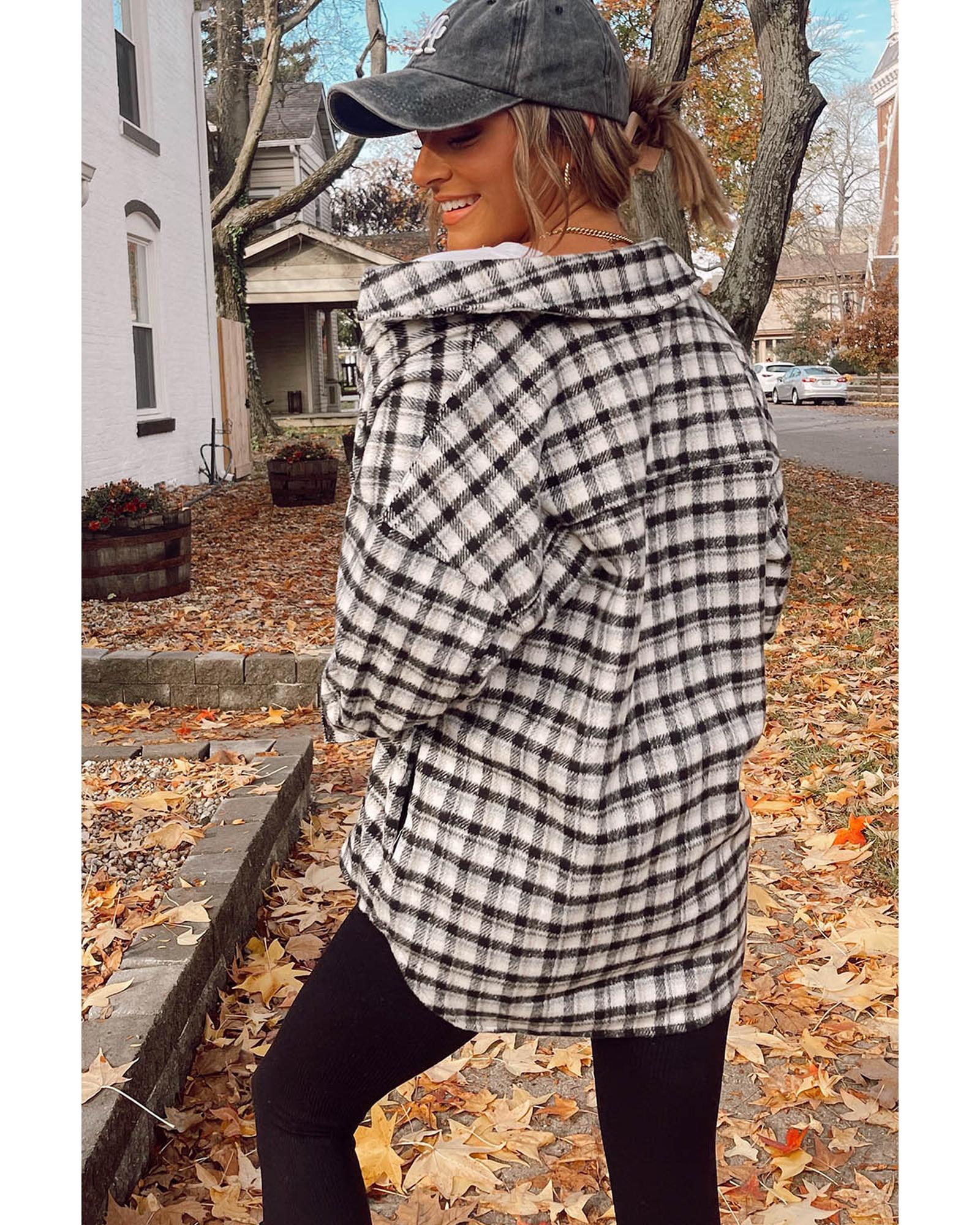 Black Plaid Print Chest Pockets Buttoned Tunic Shacket - S