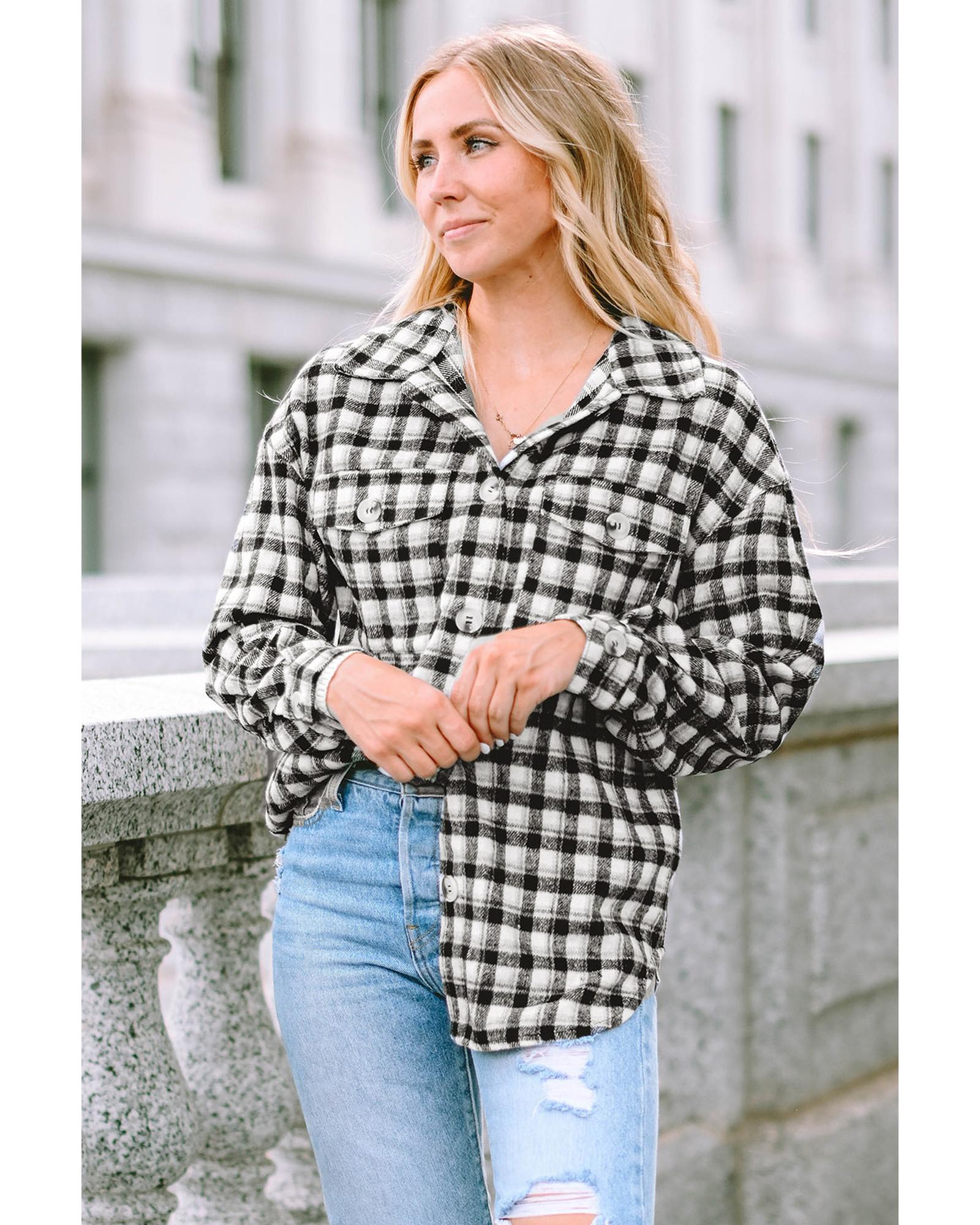 Black Plaid Print Chest Pockets Buttoned Tunic Shacket - XL