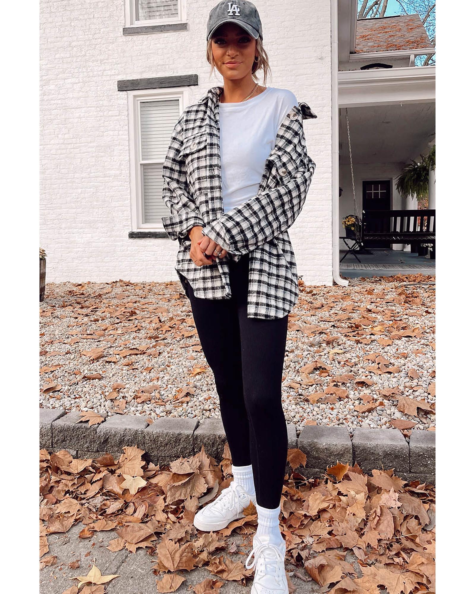 Black Plaid Print Chest Pockets Buttoned Tunic Shacket - XL