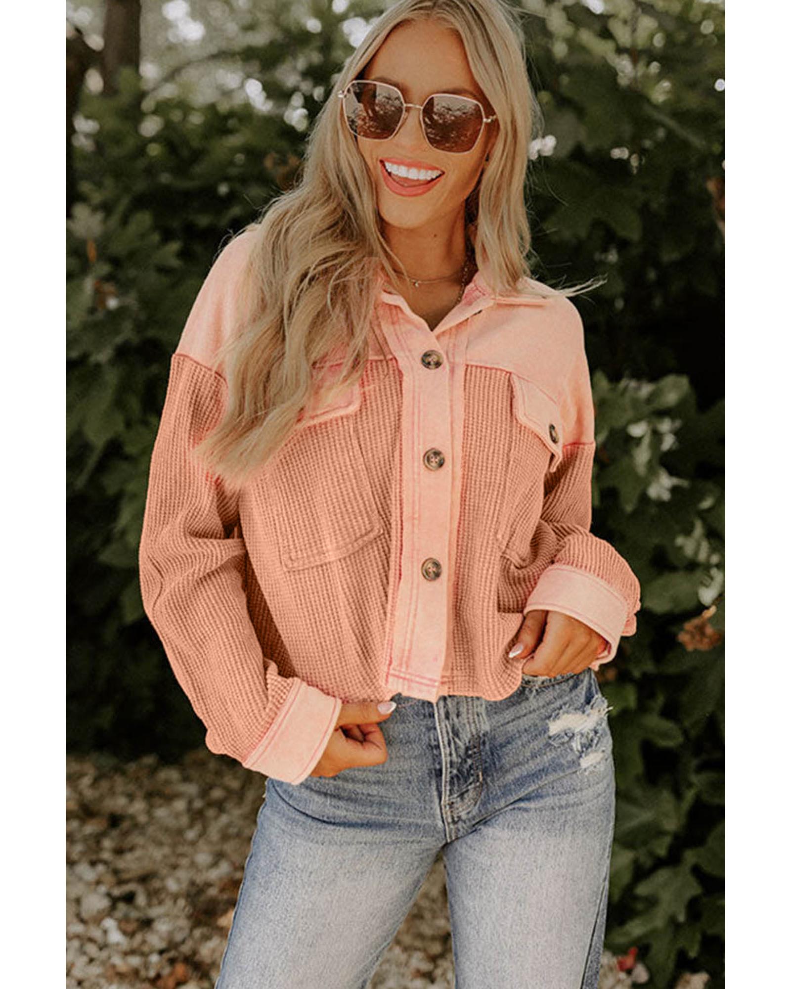 Orange Textured Waffle Knit Chest Pockets Cropped Shacket - L