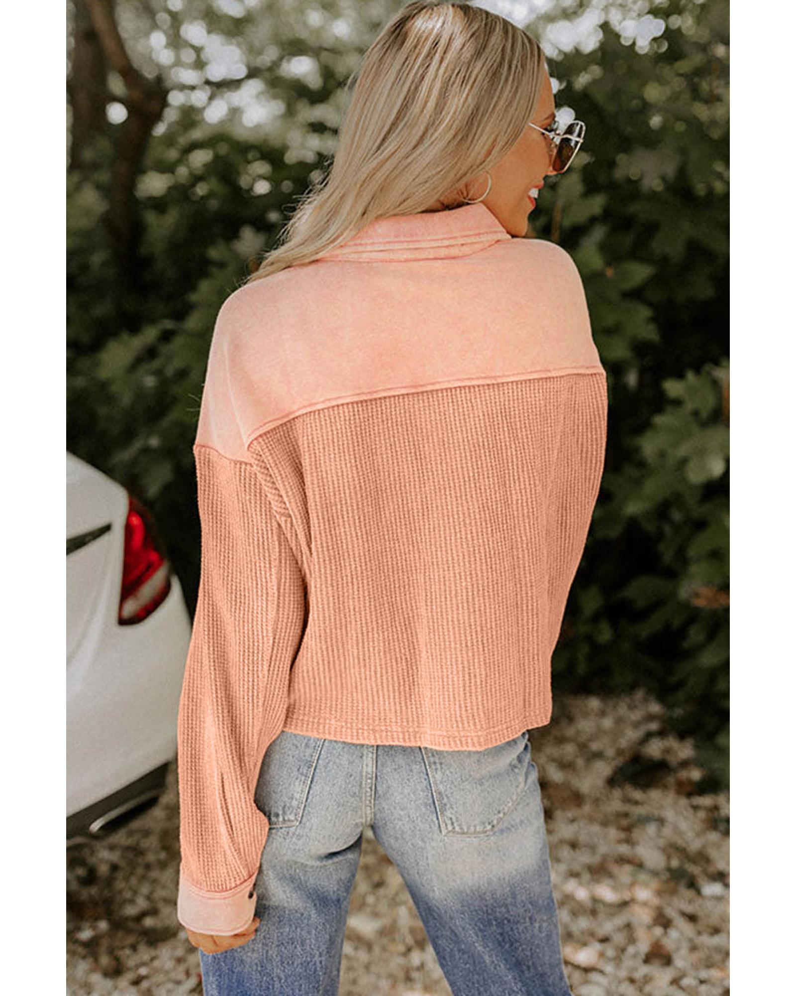 Orange Textured Waffle Knit Chest Pockets Cropped Shacket - L