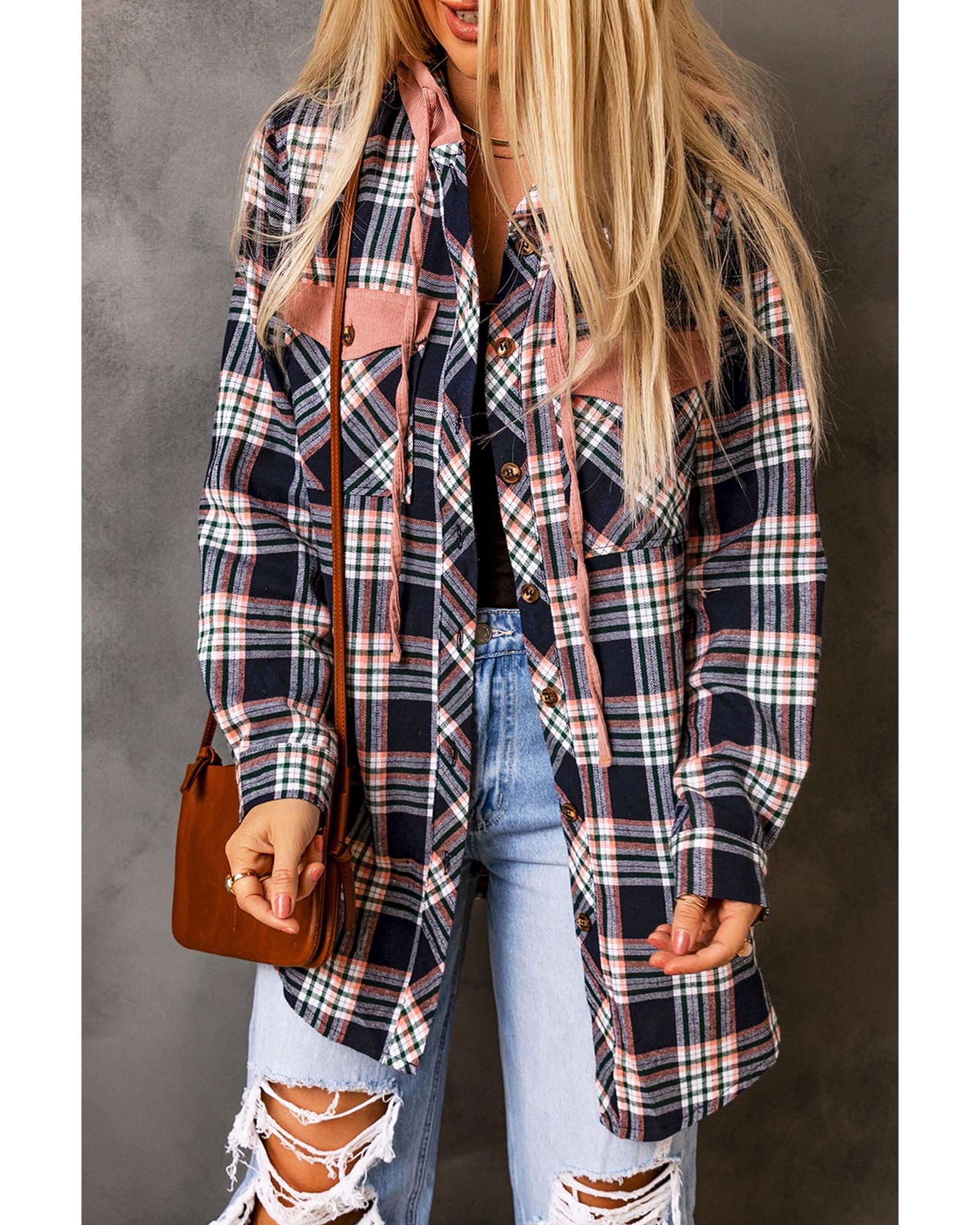 Pink Contrast Hooded Drawstring Plaid Shacket - XL