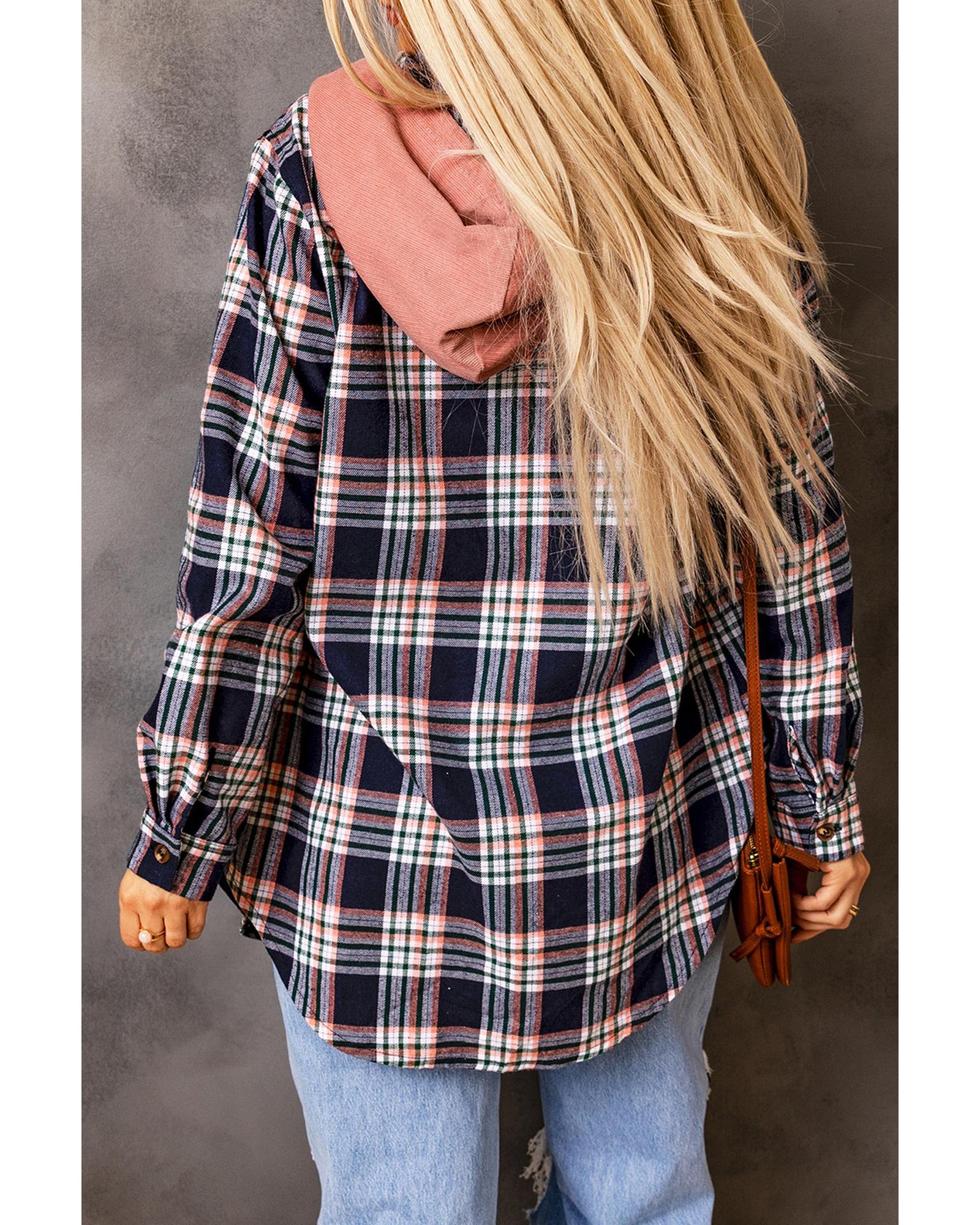 Pink Contrast Hooded Drawstring Plaid Shacket - XL