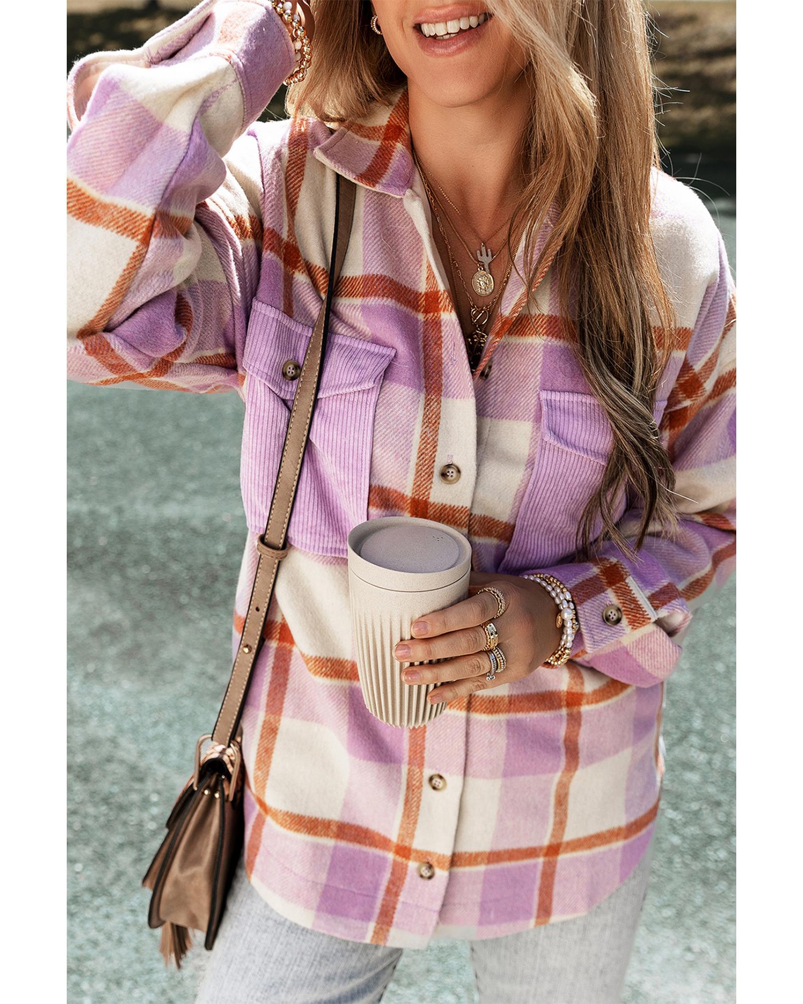Purple Corduroy Pockets Brushed Checkered Shacket - S