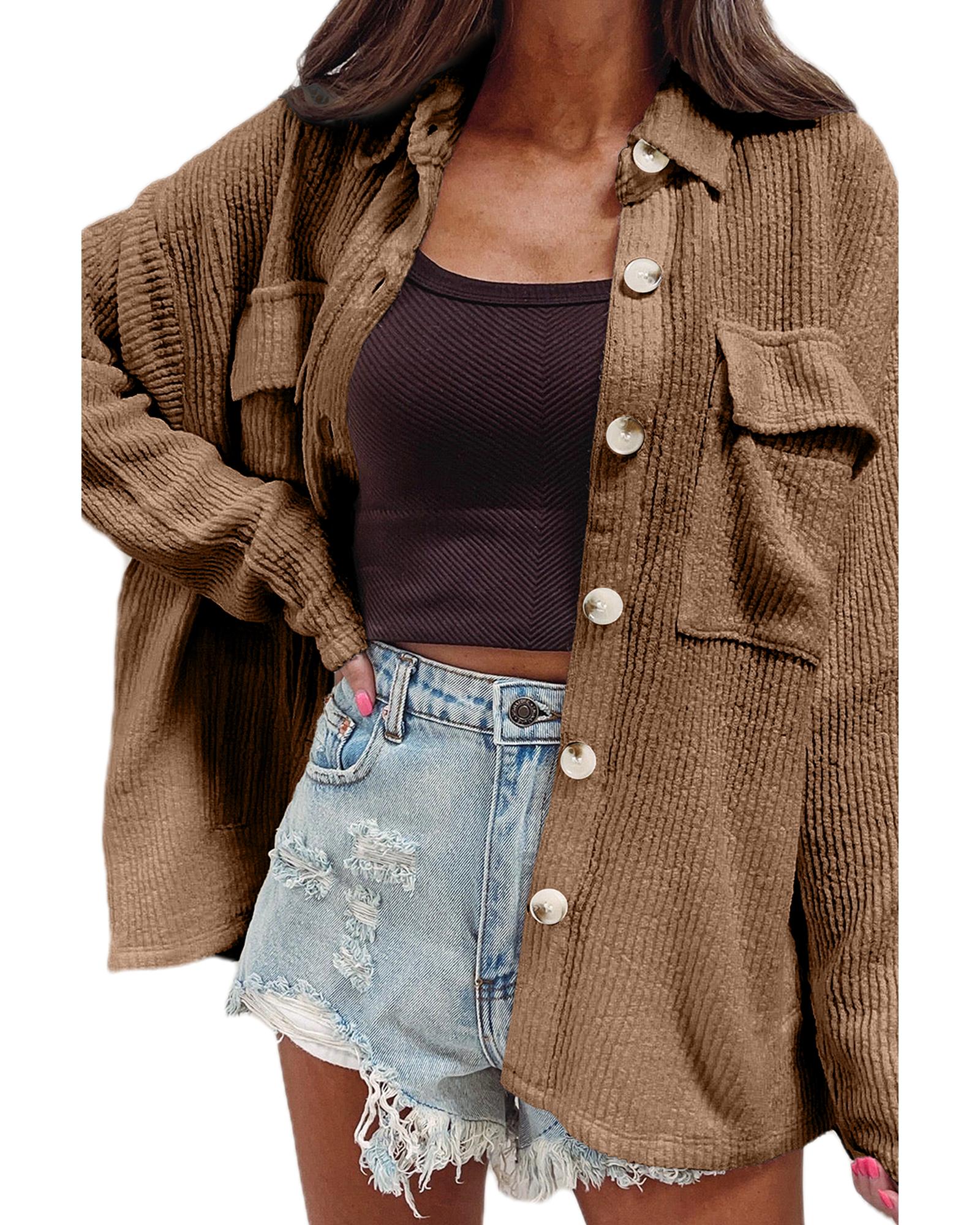 Dark Khaki Solid Color Corduroy Buttoned Long Sleeve Shacket - L