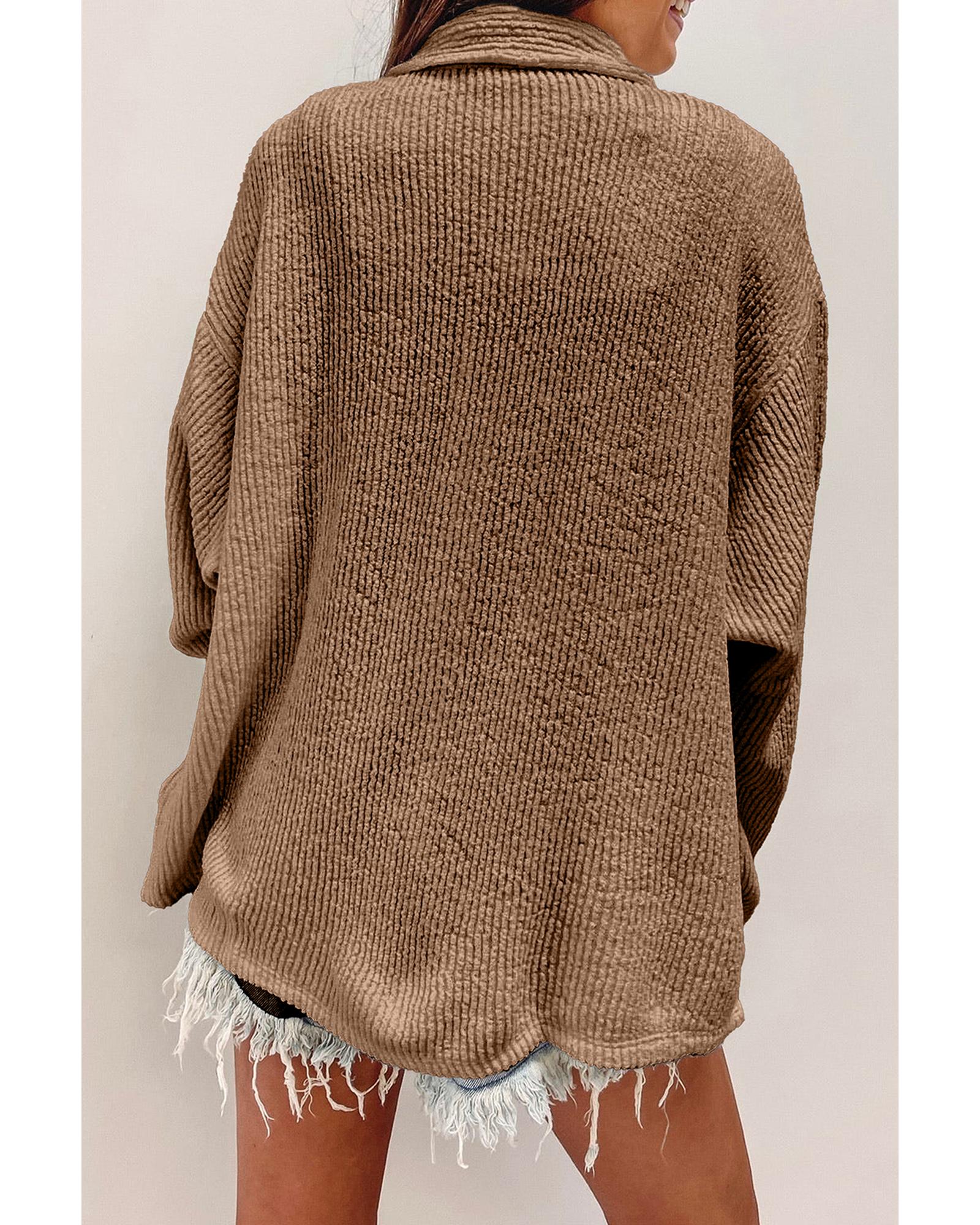 Dark Khaki Solid Color Corduroy Buttoned Long Sleeve Shacket - L