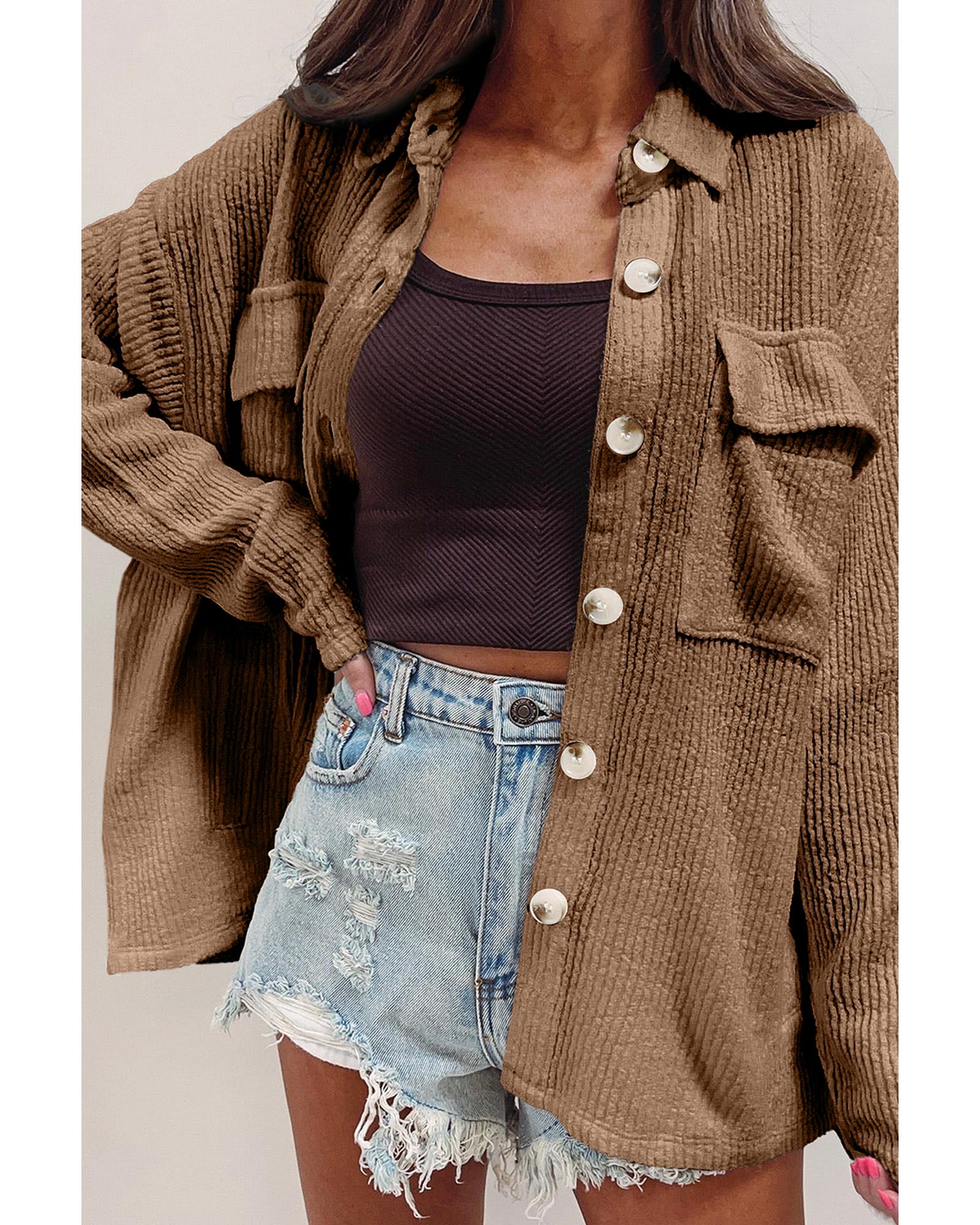 Dark Khaki Solid Color Corduroy Buttoned Long Sleeve Shacket - L