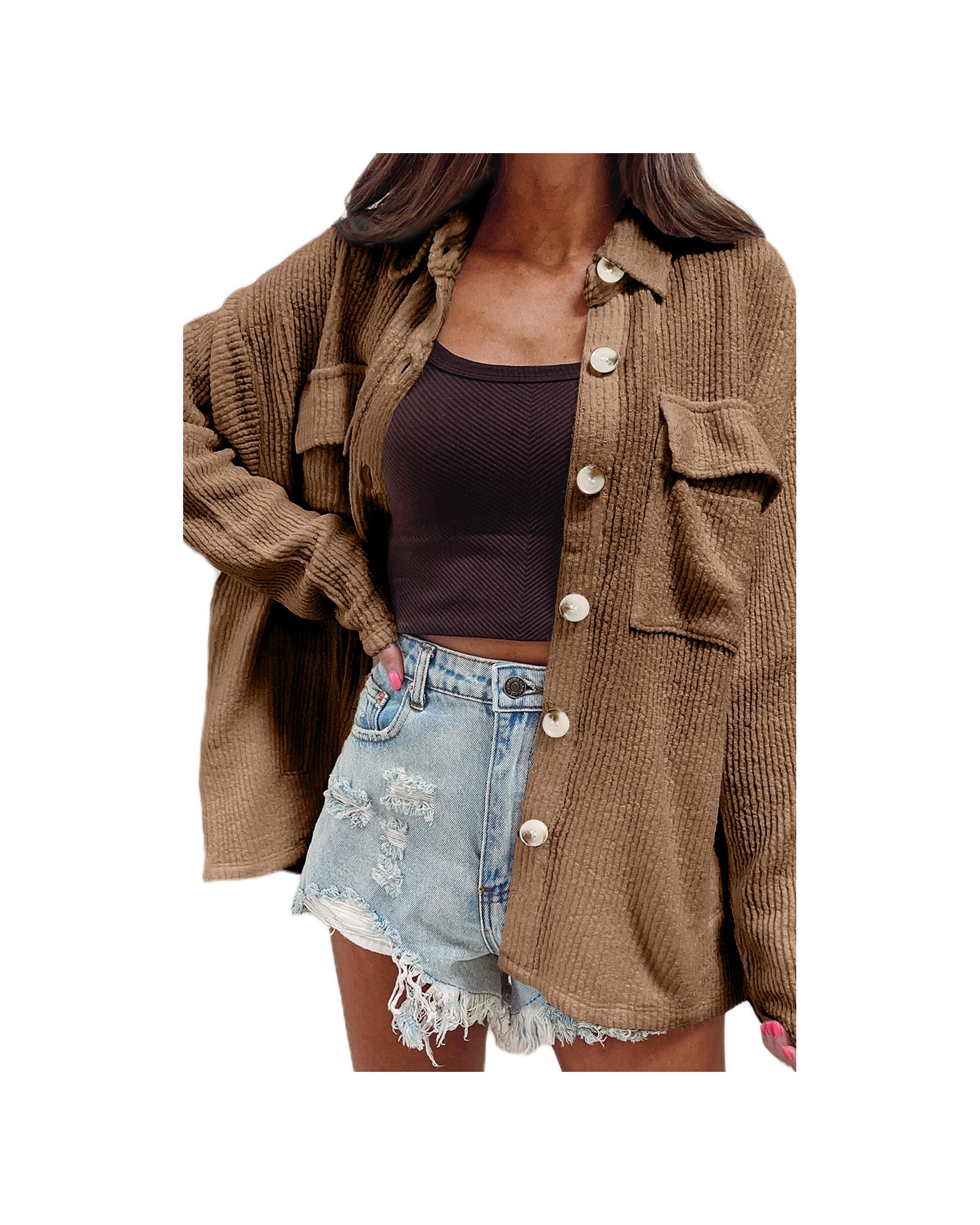 Dark Khaki Solid Color Corduroy Buttoned Long Sleeve Shacket - L