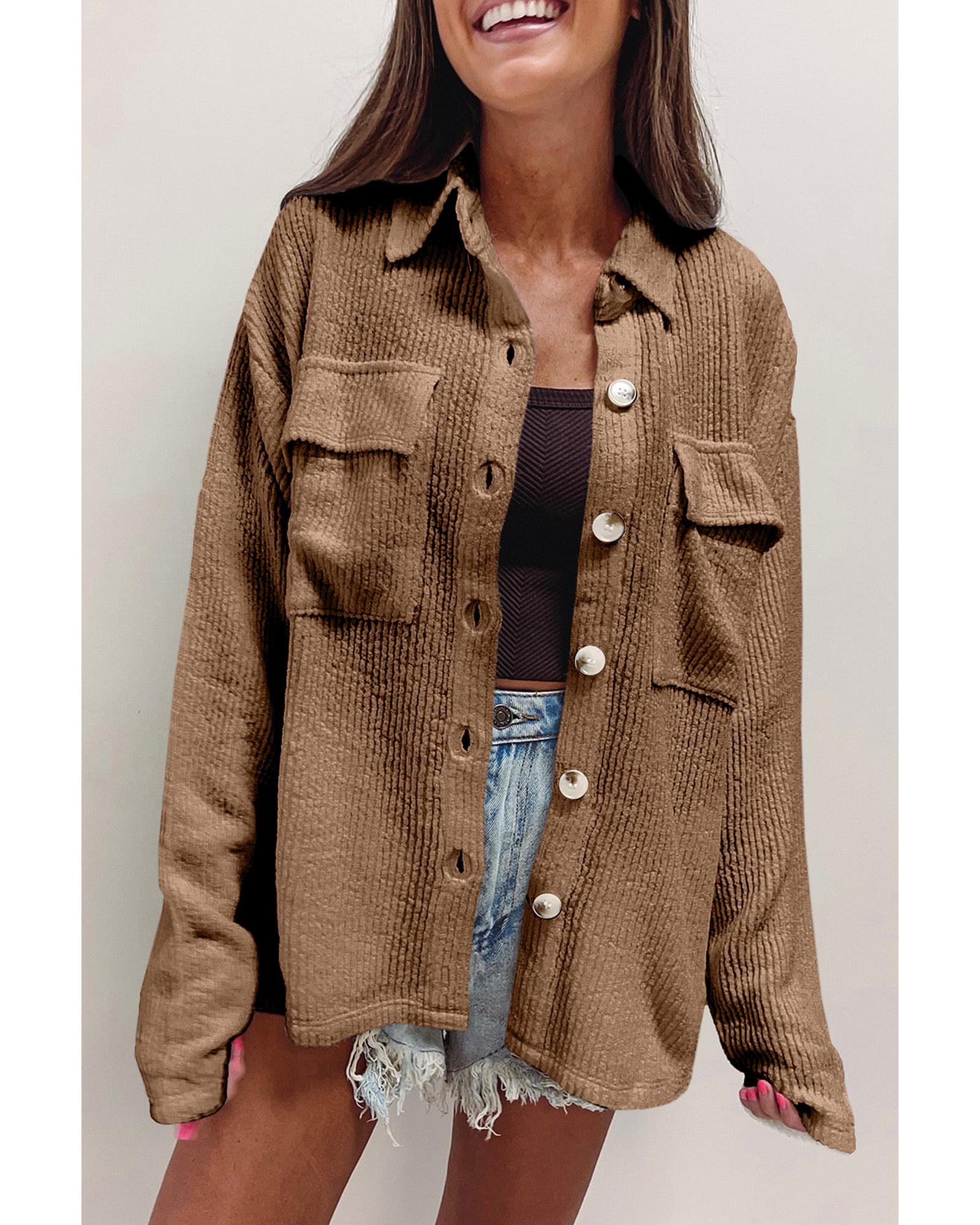 Dark Khaki Solid Color Corduroy Buttoned Long Sleeve Shacket - M