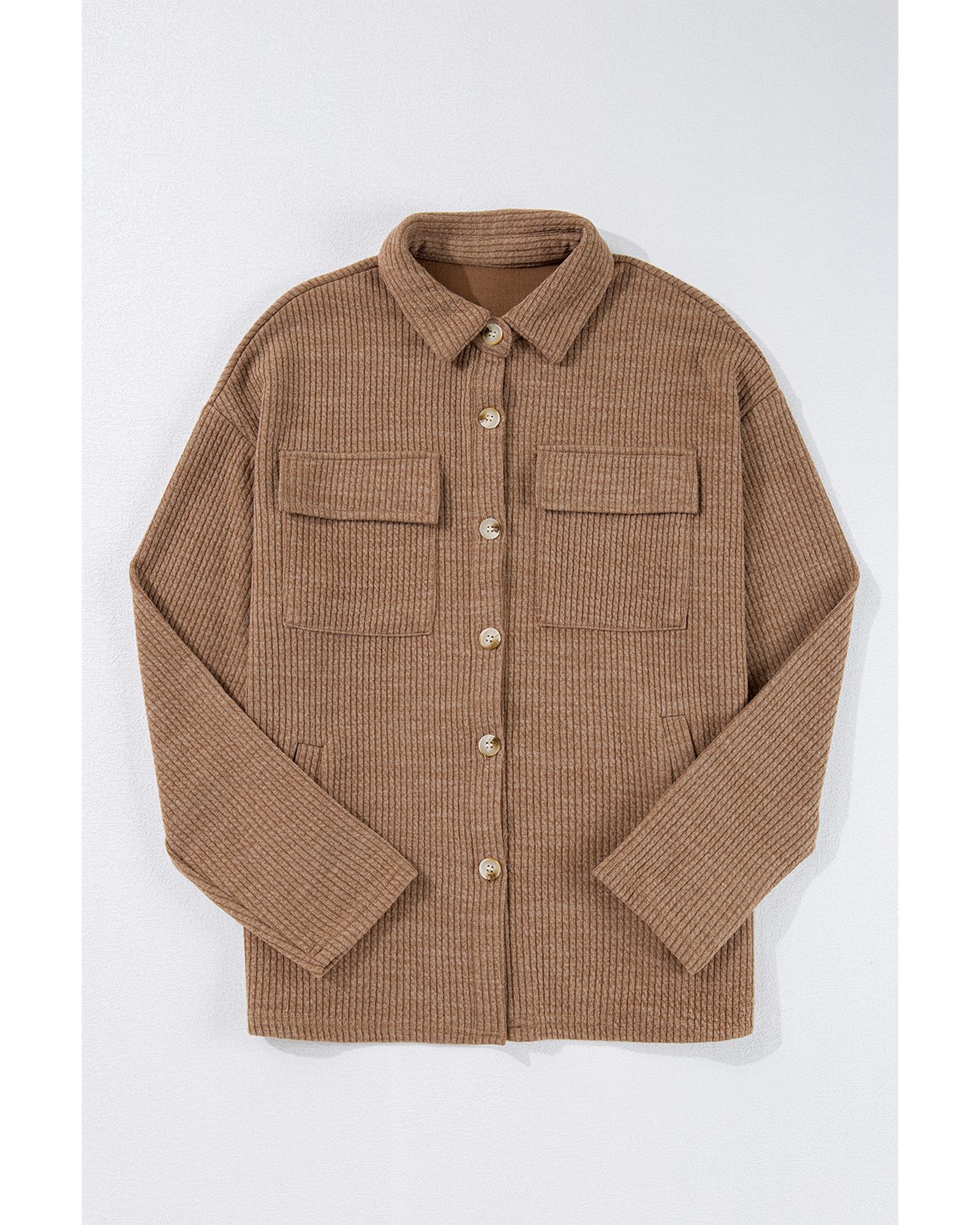 Dark Khaki Solid Color Corduroy Buttoned Long Sleeve Shacket - M