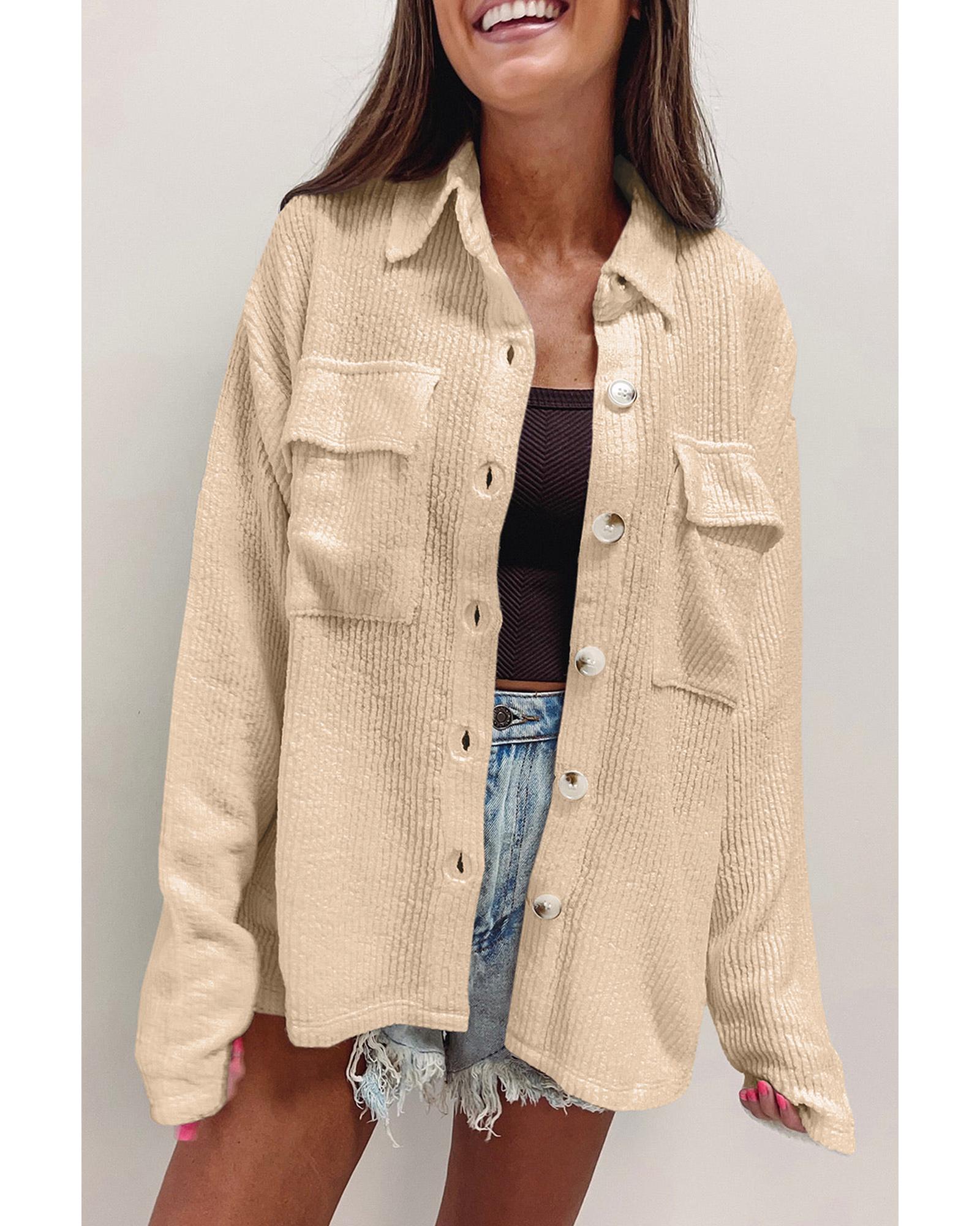 Apricot Solid Color Corduroy Buttoned Long Sleeve Shacket - M