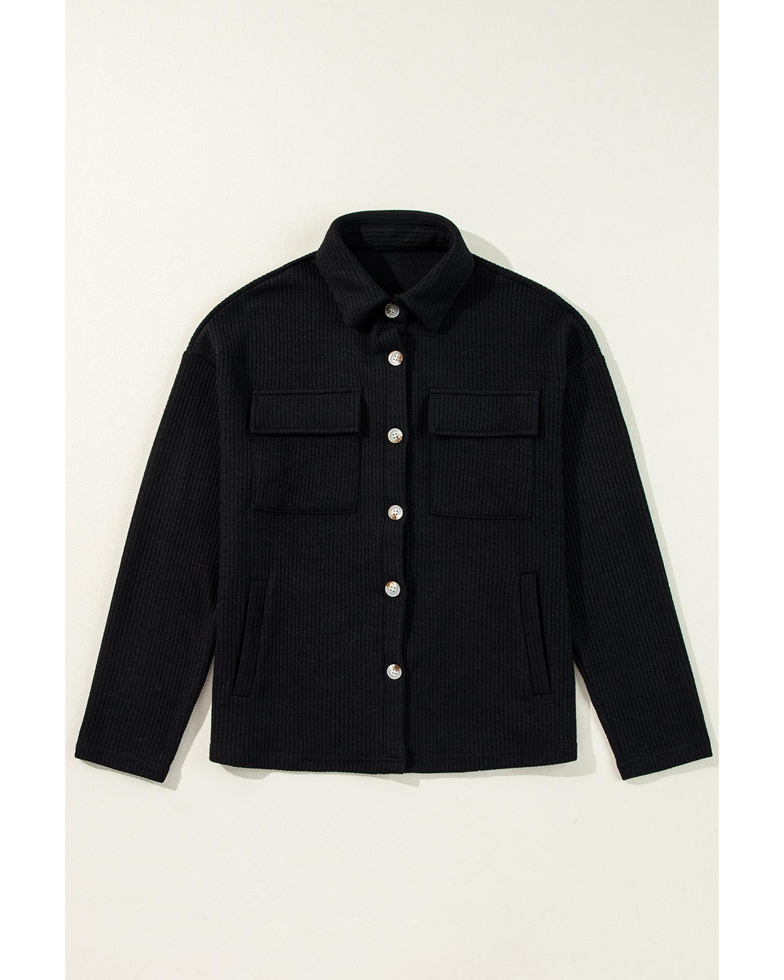 Black Solid Color Corduroy Buttoned Long Sleeve Shacket - S