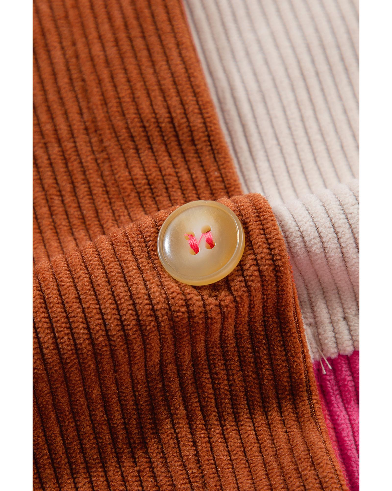 Rose Red Colorblock Curved Hem Corduroy Shacket with Pocket - S