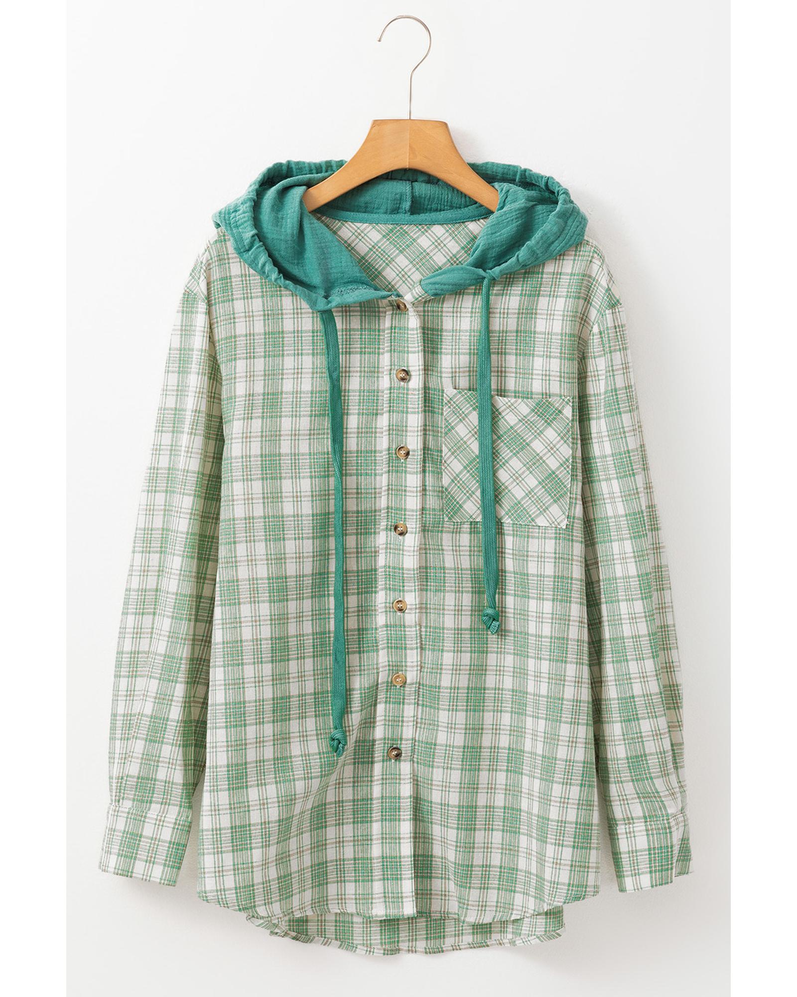 Green Checkered Print Loose Fit Buttoned Hooded Shacket - L