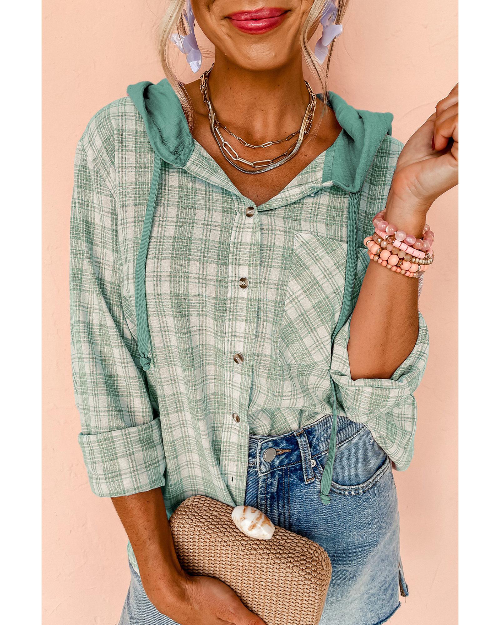 Green Checkered Print Loose Fit Buttoned Hooded Shacket - L