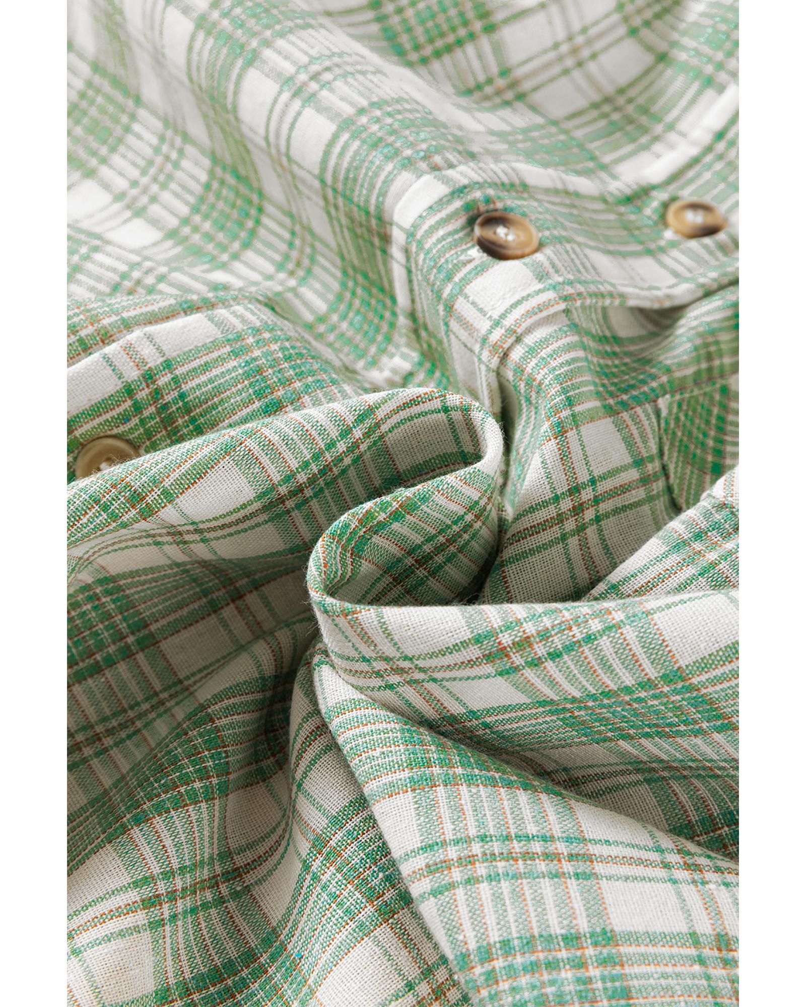 Green Checkered Print Loose Fit Buttoned Hooded Shacket - M