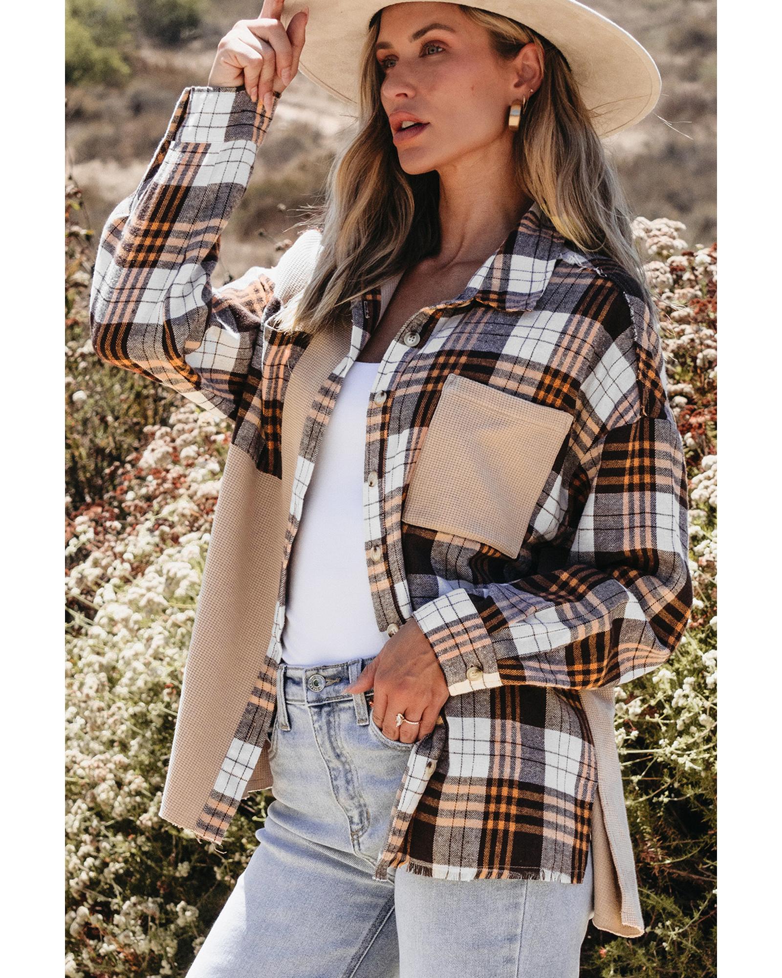 Khaki Thermal Knit Plaid Patchwork Shacket - M