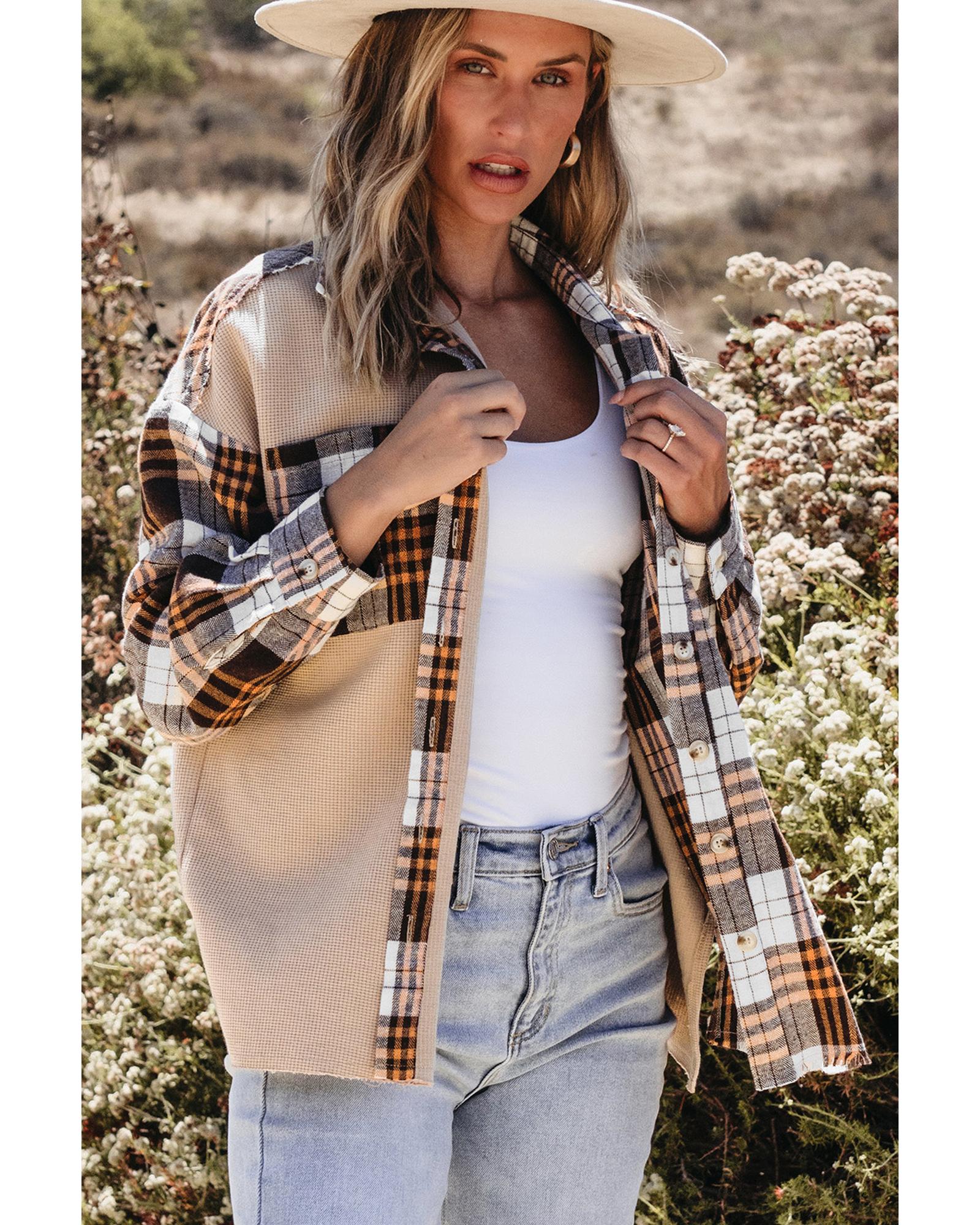 Khaki Thermal Knit Plaid Patchwork Shacket - M